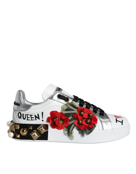 Dolce & Gabbana White Leather Floral Studded Sneakers Shoes - Arichezz.store