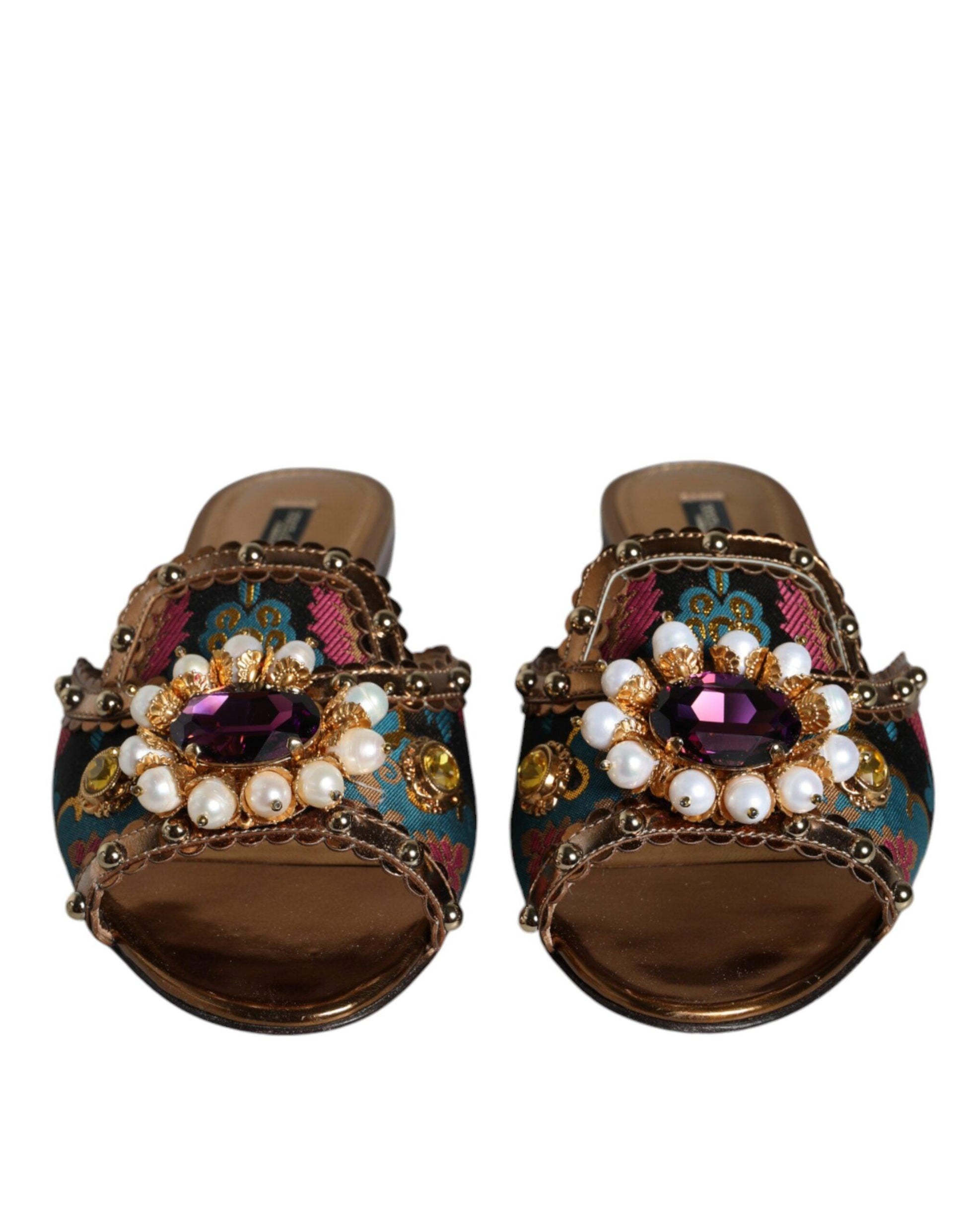 Dolce & Gabbana Multicolor Jacquard Embellished Slides Flats Shoes - Arichezz.store