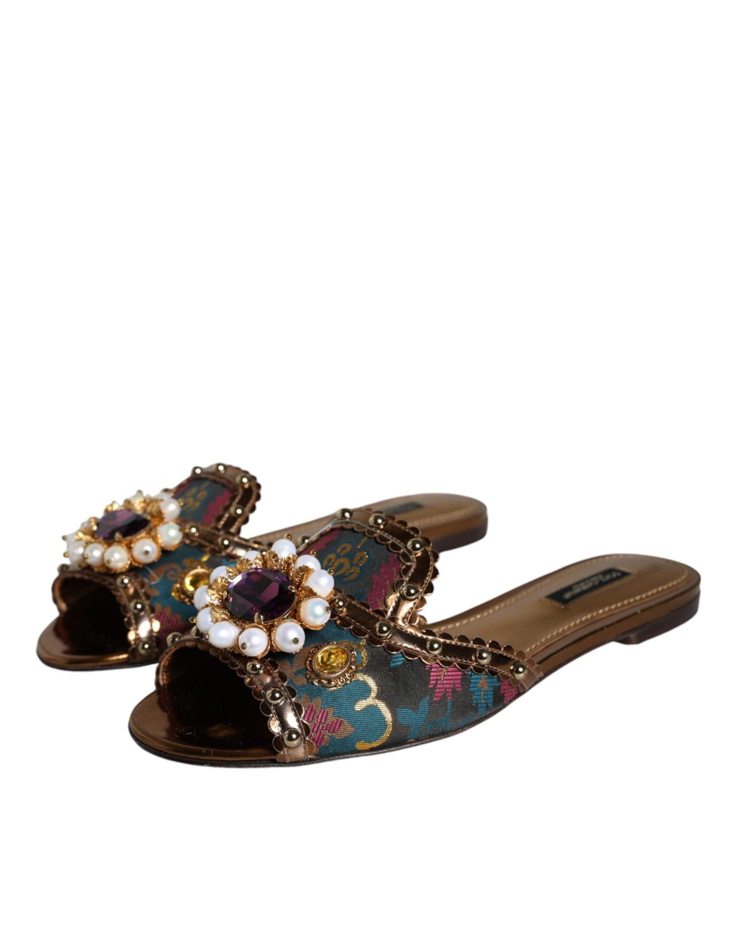 Dolce & Gabbana Multicolor Jacquard Embellished Slides Flats Shoes - Arichezz.store