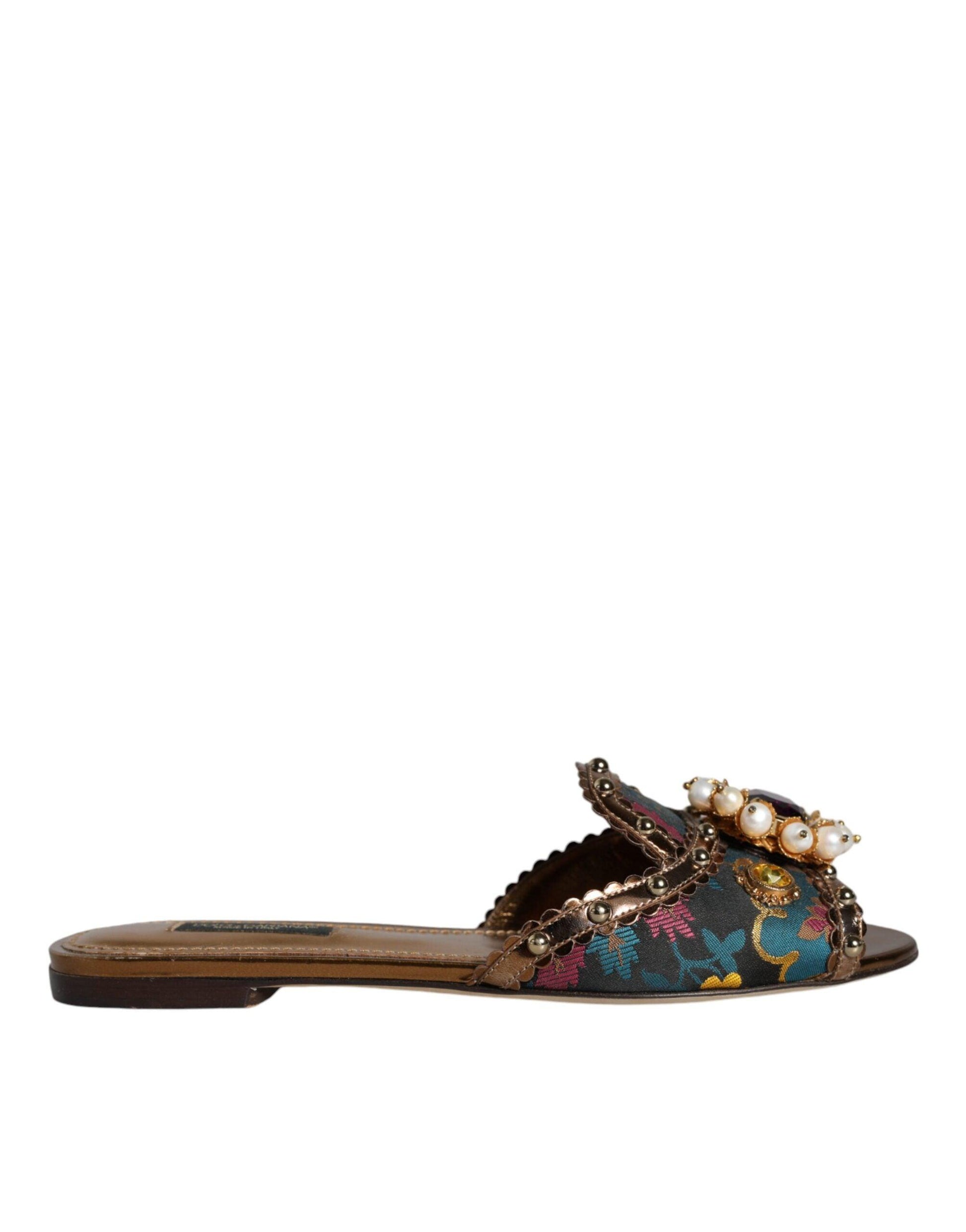 Dolce & Gabbana Multicolor Jacquard Embellished Slides Flats Shoes - Arichezz.store