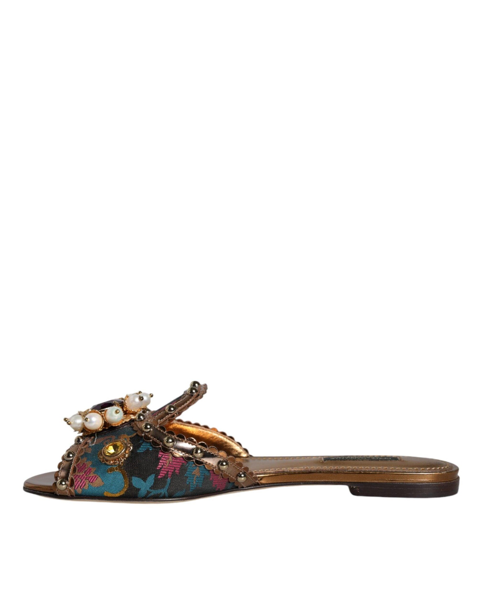 Dolce & Gabbana Multicolor Jacquard Embellished Slides Flats Shoes - Arichezz.store