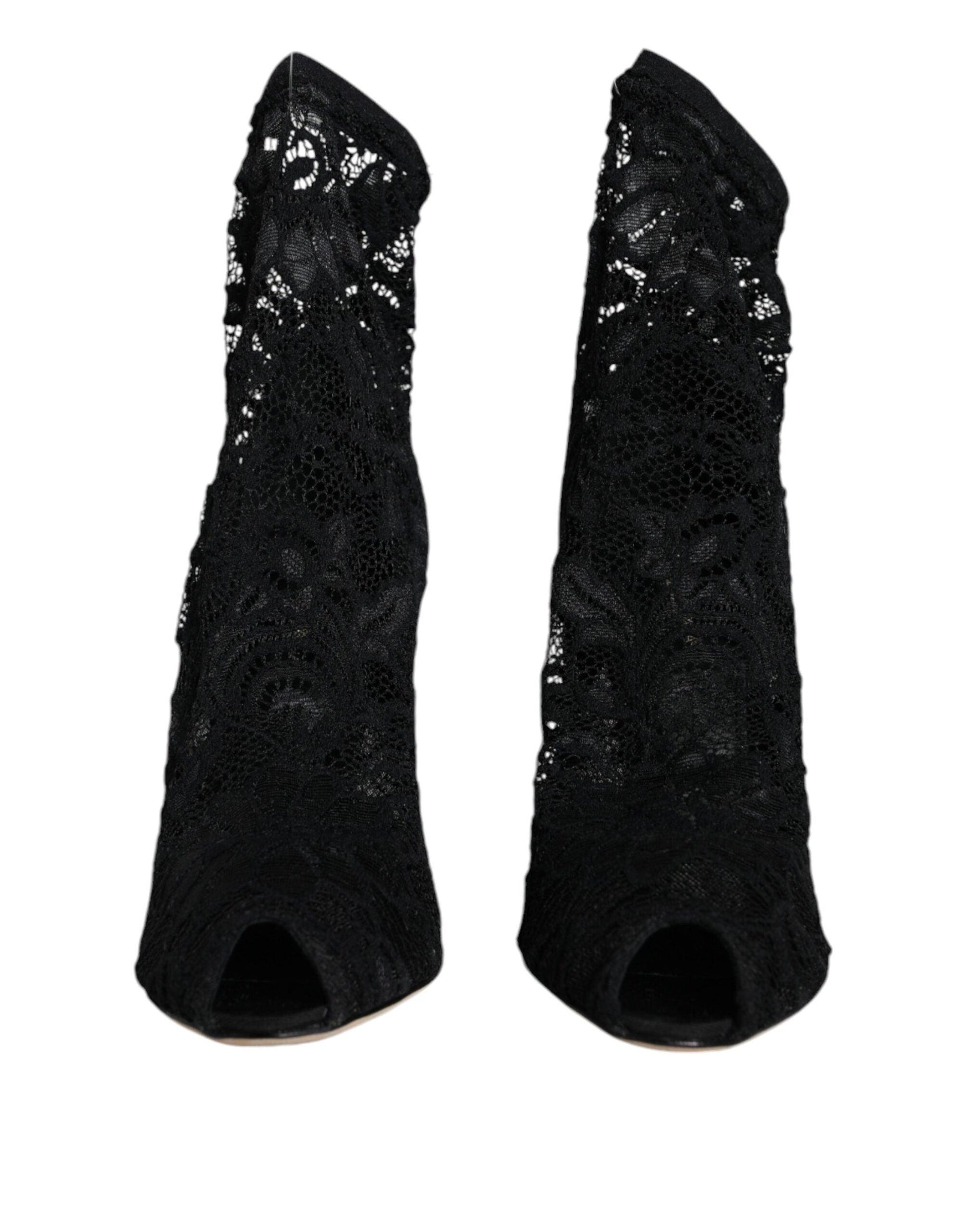 Dolce & Gabbana Black Lace Stretch Heels Mid Calf Boot Shoes - Arichezz.store