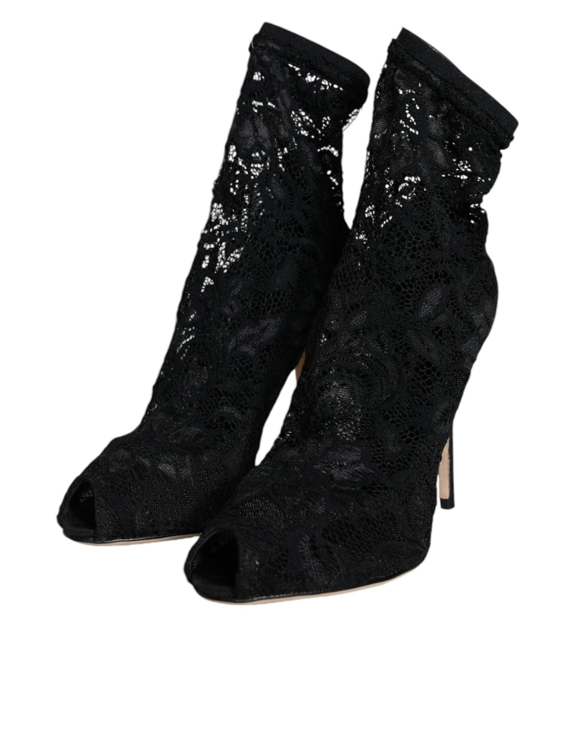 Dolce & Gabbana Black Lace Stretch Heels Mid Calf Boot Shoes - Arichezz.store