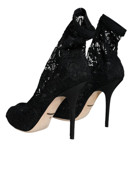 Dolce & Gabbana Black Lace Stretch Heels Mid Calf Boot Shoes - Arichezz.store