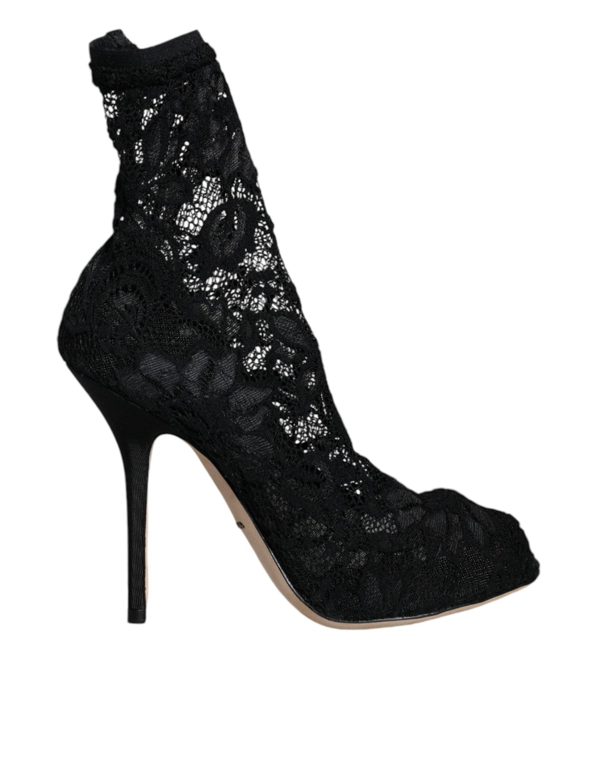 Dolce & Gabbana Black Lace Stretch Heels Mid Calf Boot Shoes - Arichezz.store