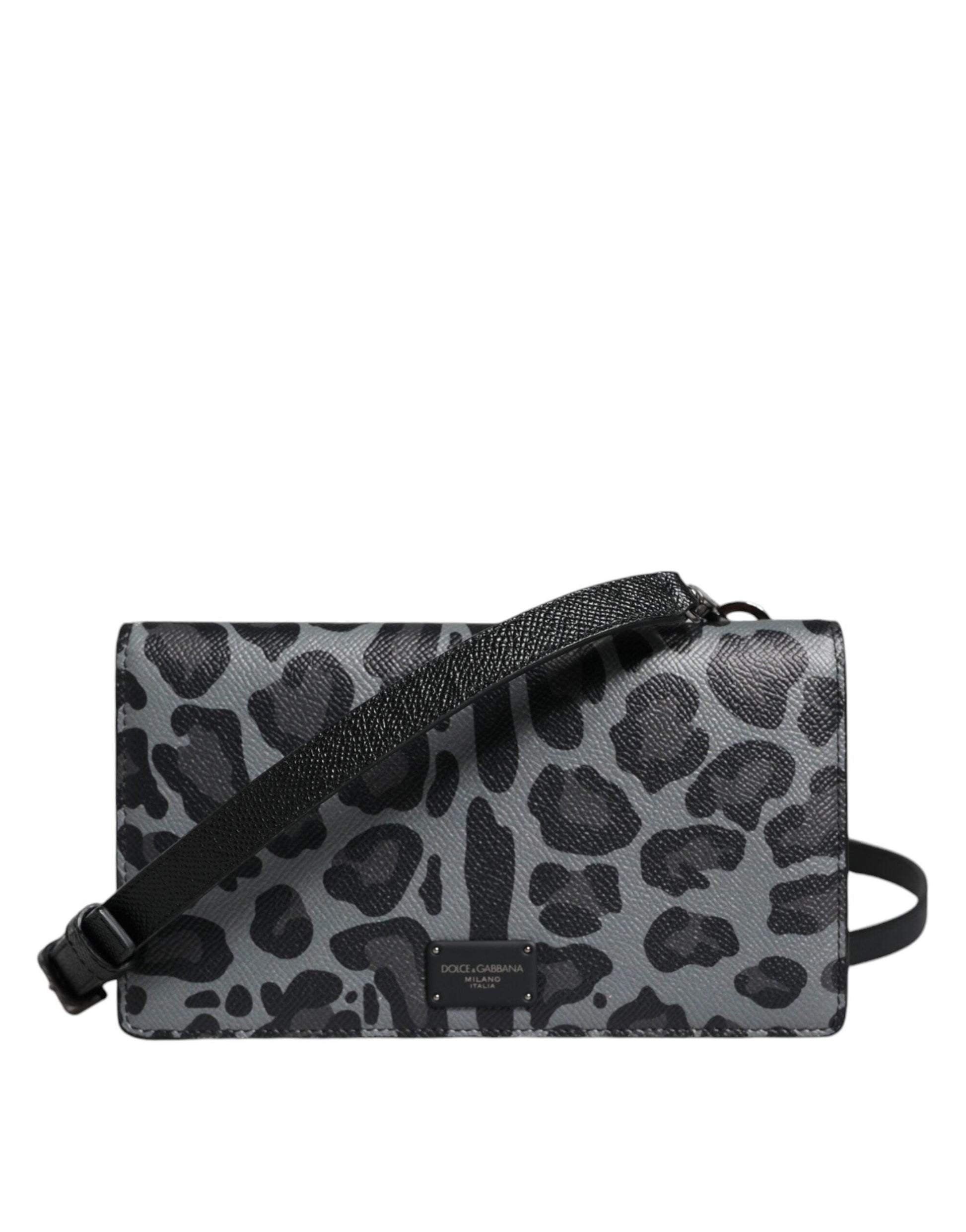 Dolce & Gabbana Black Gray Leopard Leather Bifold Card Slot Crossbody Bag - Arichezz.store