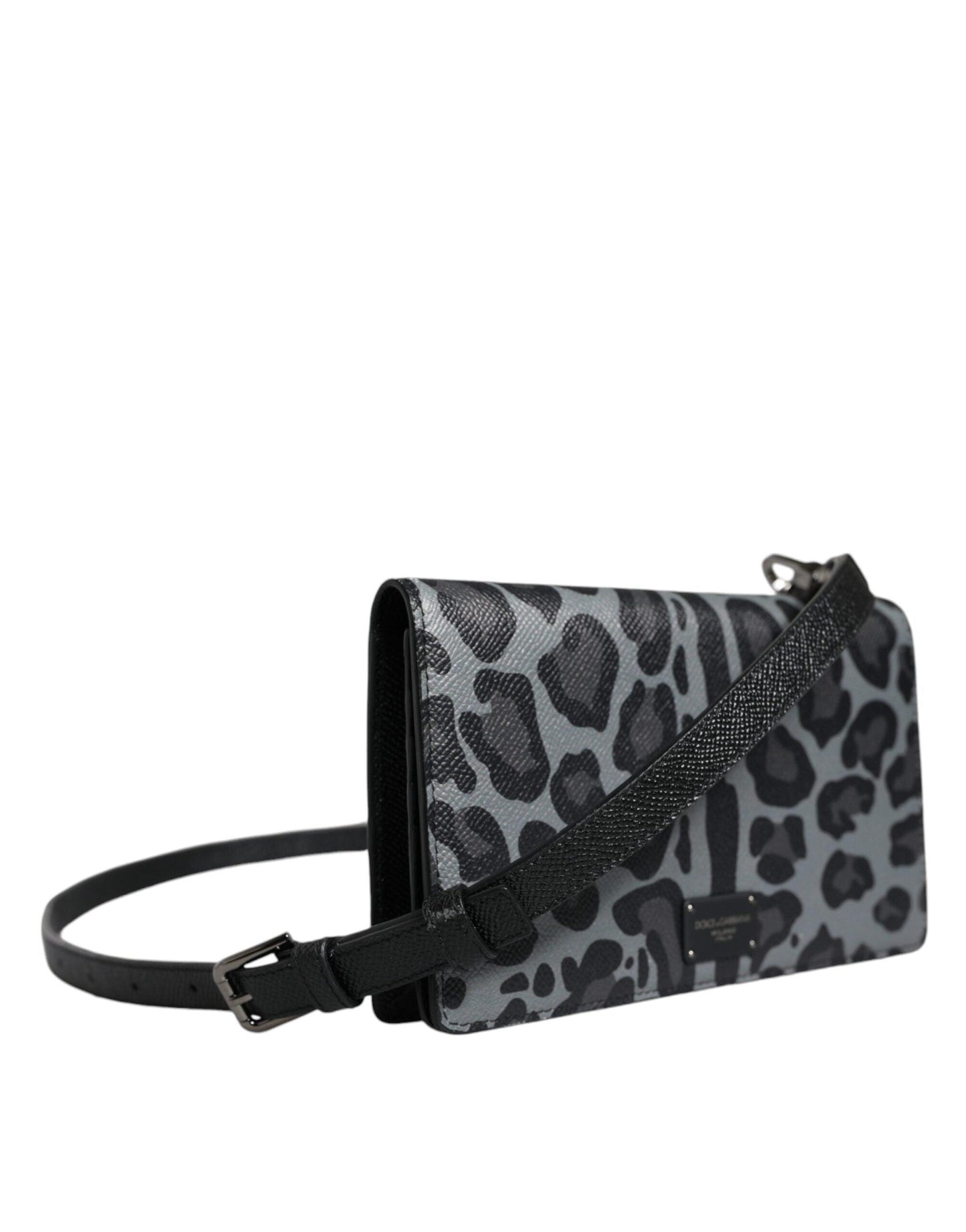 Dolce & Gabbana Black Gray Leopard Leather Bifold Card Slot Crossbody Bag - Arichezz.store