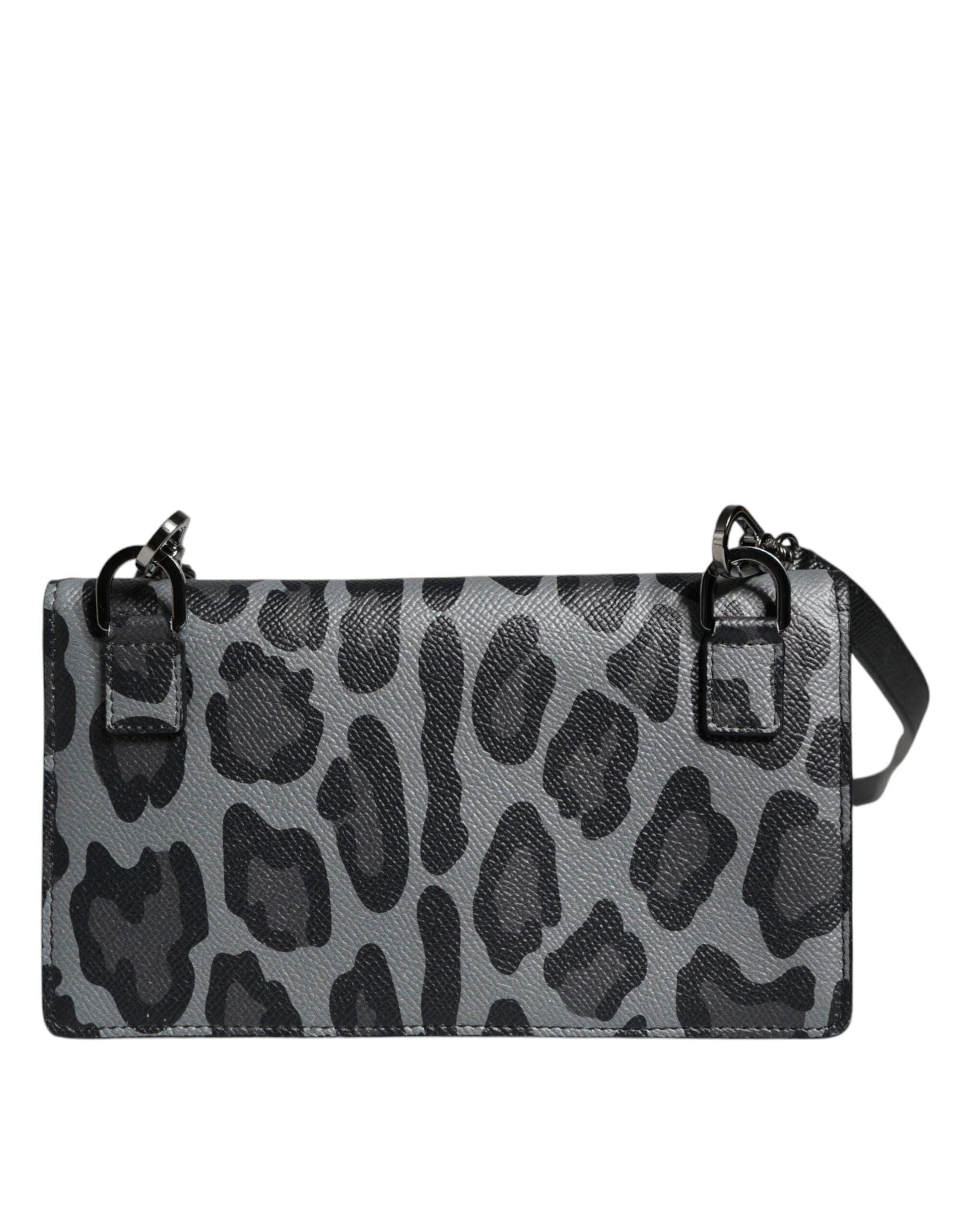 Dolce & Gabbana Black Gray Leopard Leather Bifold Card Slot Crossbody Bag - Arichezz.store