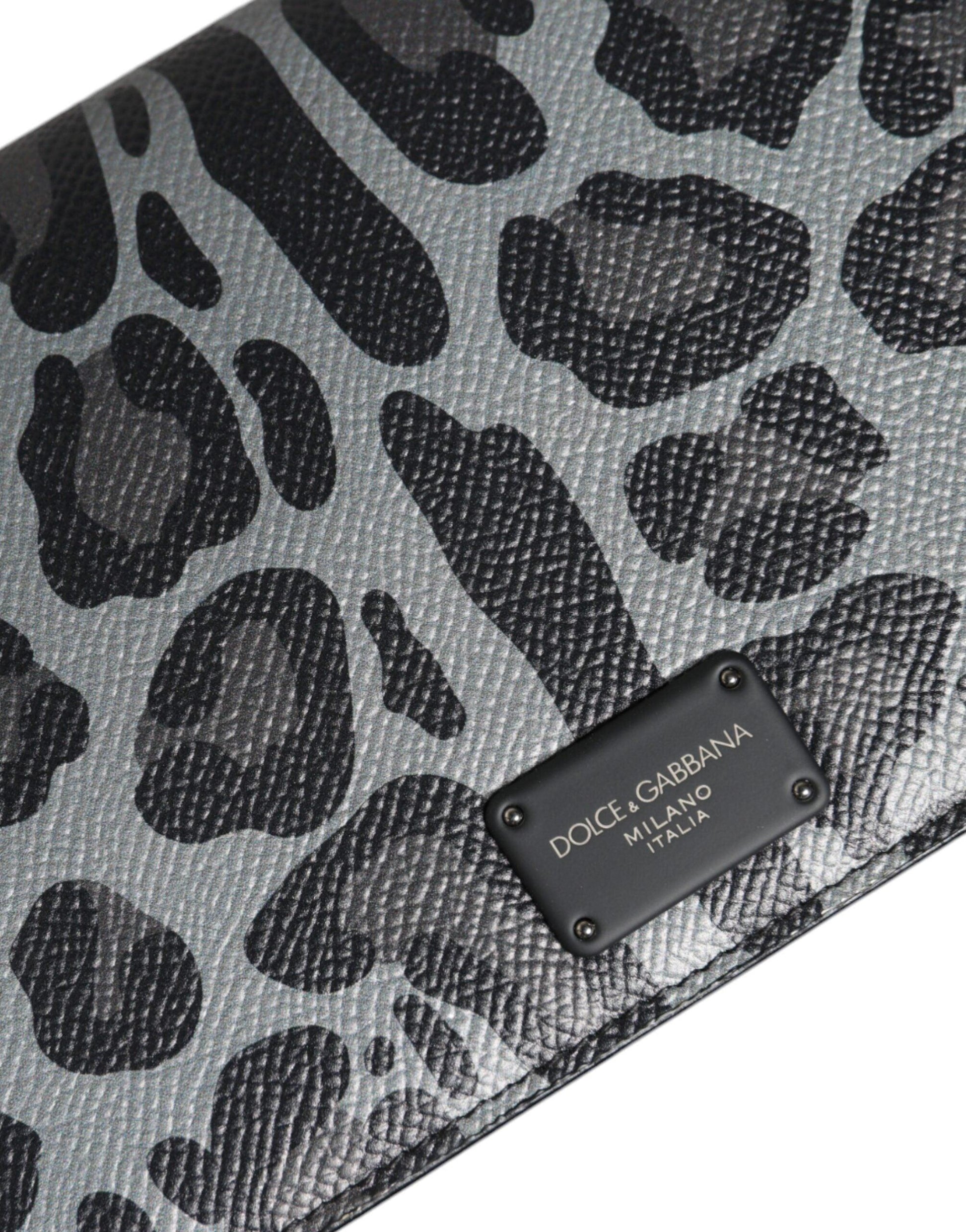 Dolce & Gabbana Black Gray Leopard Leather Bifold Card Slot Crossbody Bag - Arichezz.store