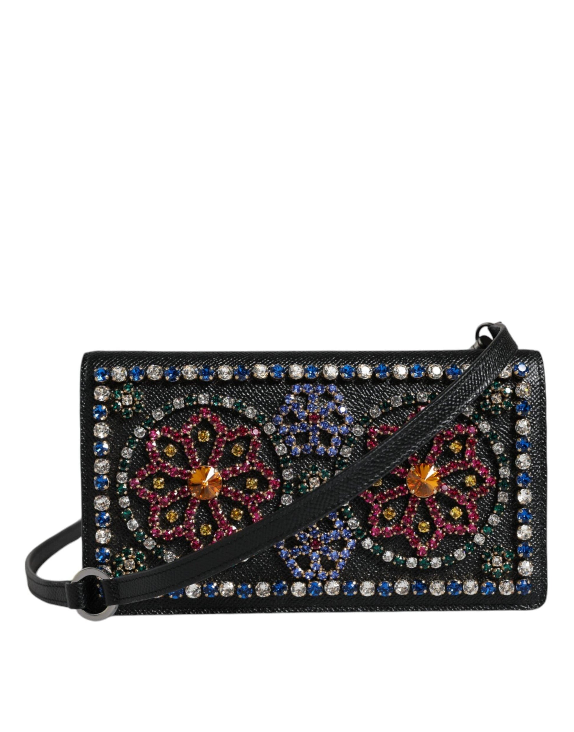 Dolce & Gabbana Black Leather Crystal Shoulder Crossbody Clutch Bag - Arichezz.store