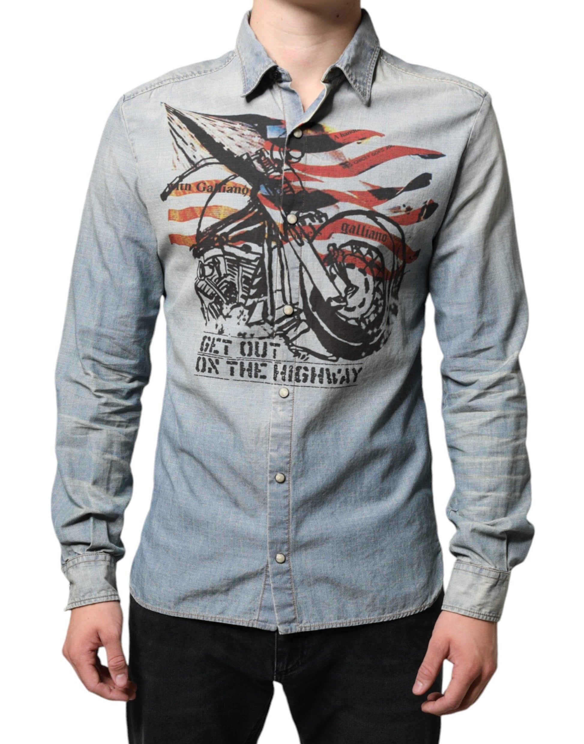 John Galliano Light Blue Printed Cotton Denim Long Sleeves Shirt - Arichezz.store