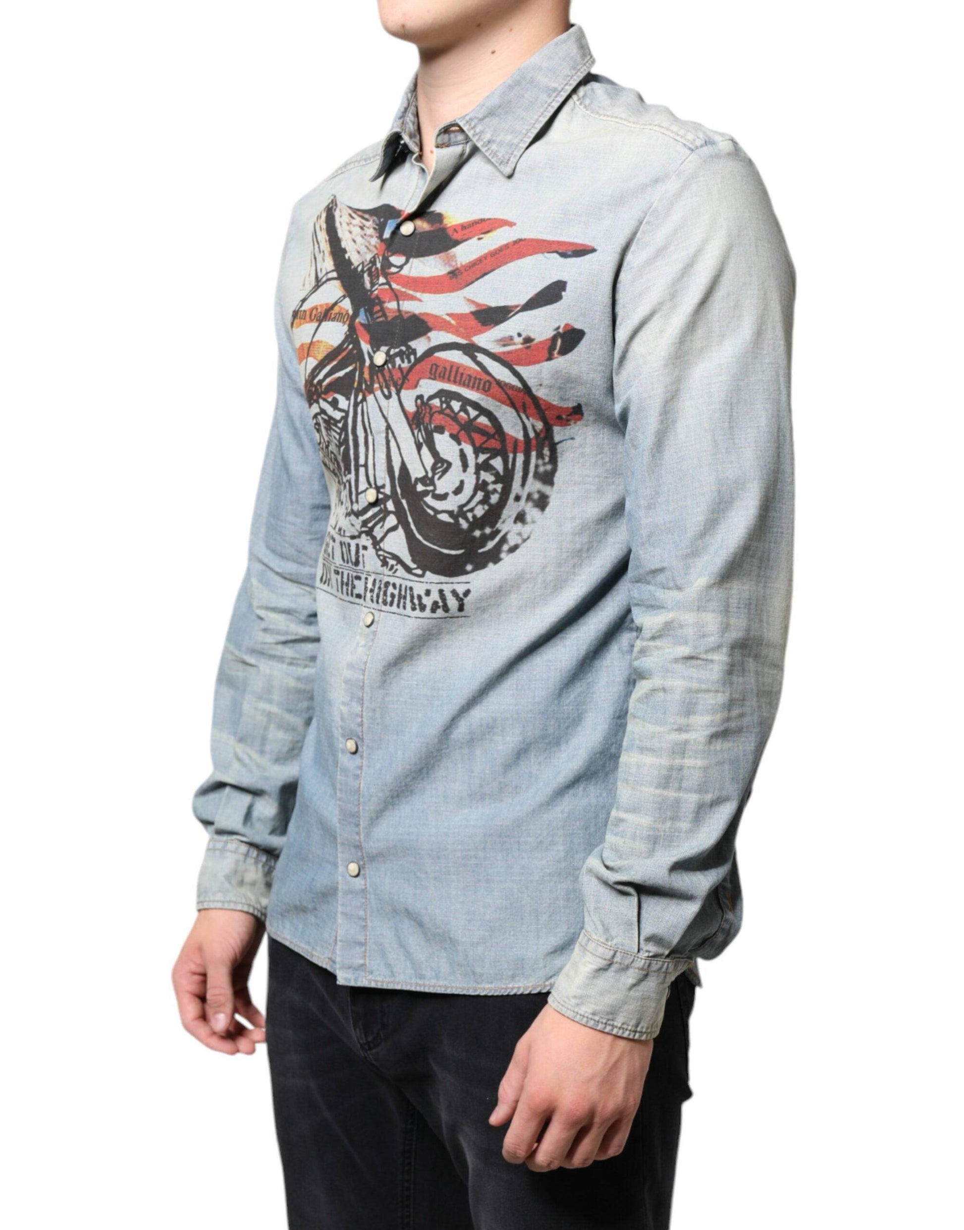 John Galliano Light Blue Printed Cotton Denim Long Sleeves Shirt - Arichezz.store