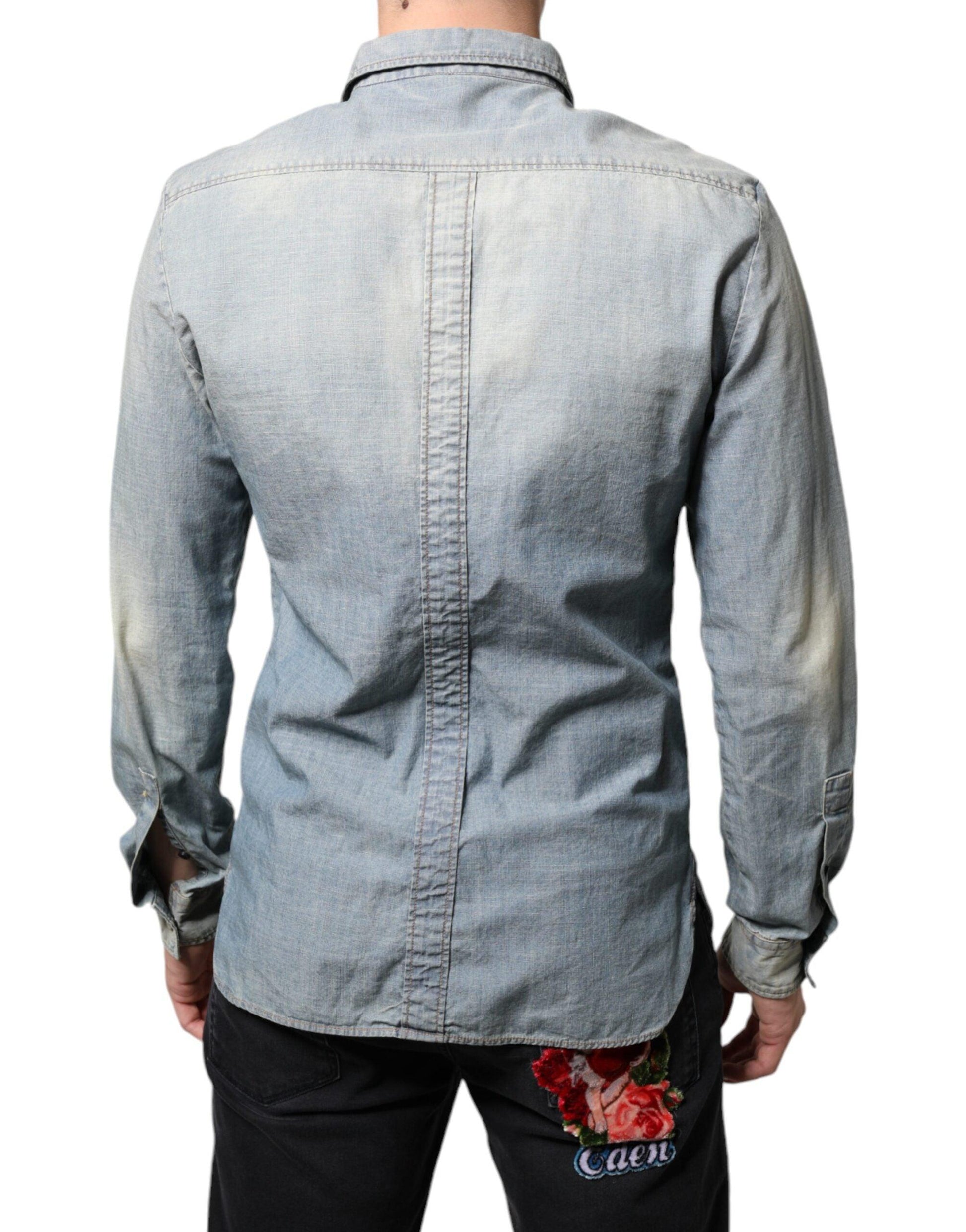 John Galliano Light Blue Printed Cotton Denim Long Sleeves Shirt - Arichezz.store