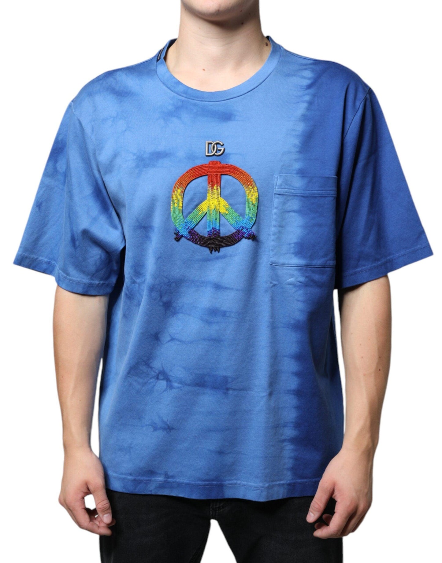 Dolce & Gabbana Blue Tie-Dye Peace Sign Cotton T-shirt - Arichezz.store