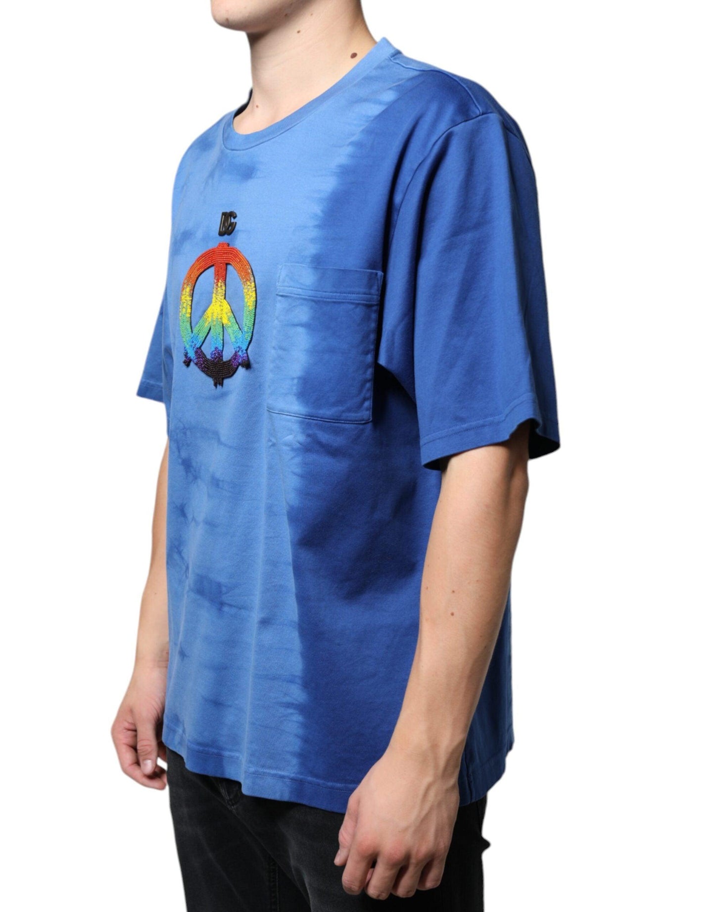 Dolce & Gabbana Blue Tie-Dye Peace Sign Cotton T-shirt - Arichezz.store