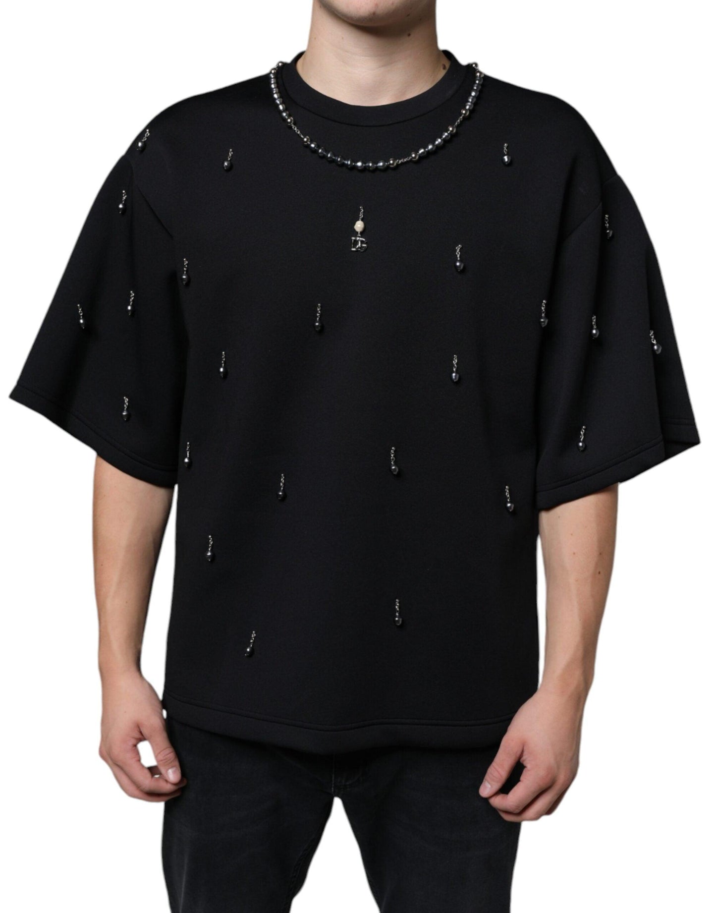 Dolce & Gabbana Black Polyester Necklace Embellished T-shirt - Arichezz.store