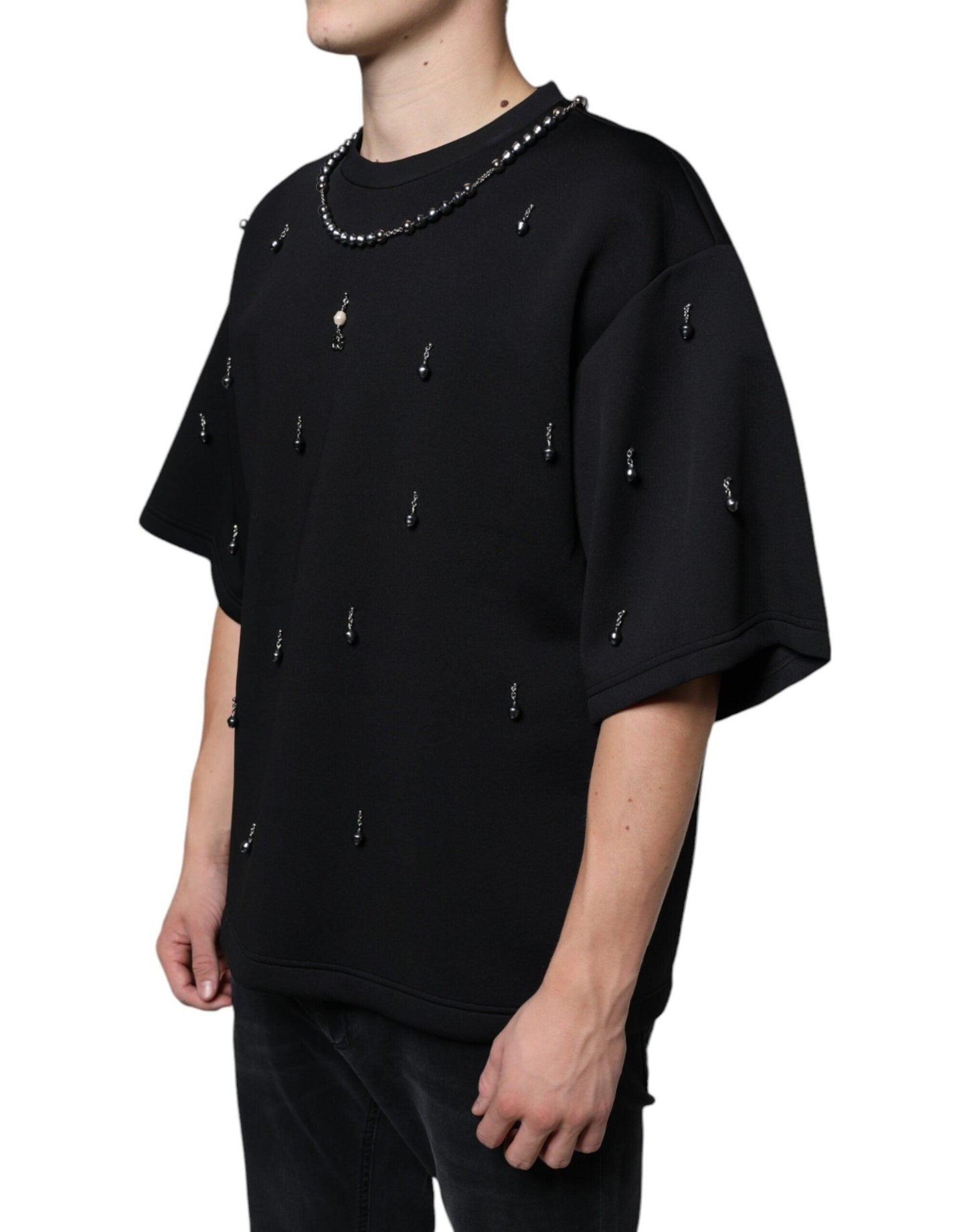 Dolce & Gabbana Black Polyester Necklace Embellished T-shirt - Arichezz.store