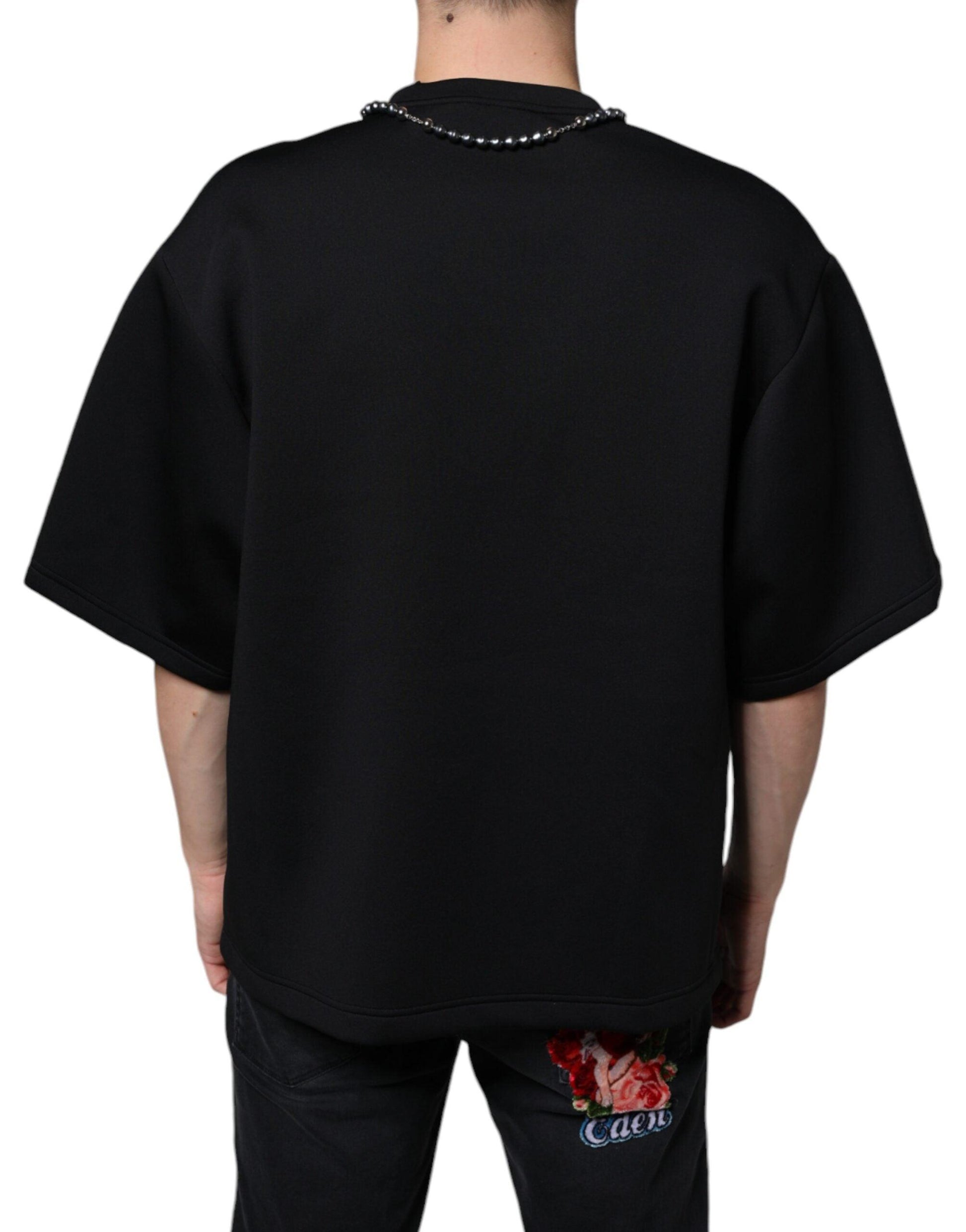 Dolce & Gabbana Black Polyester Necklace Embellished T-shirt - Arichezz.store