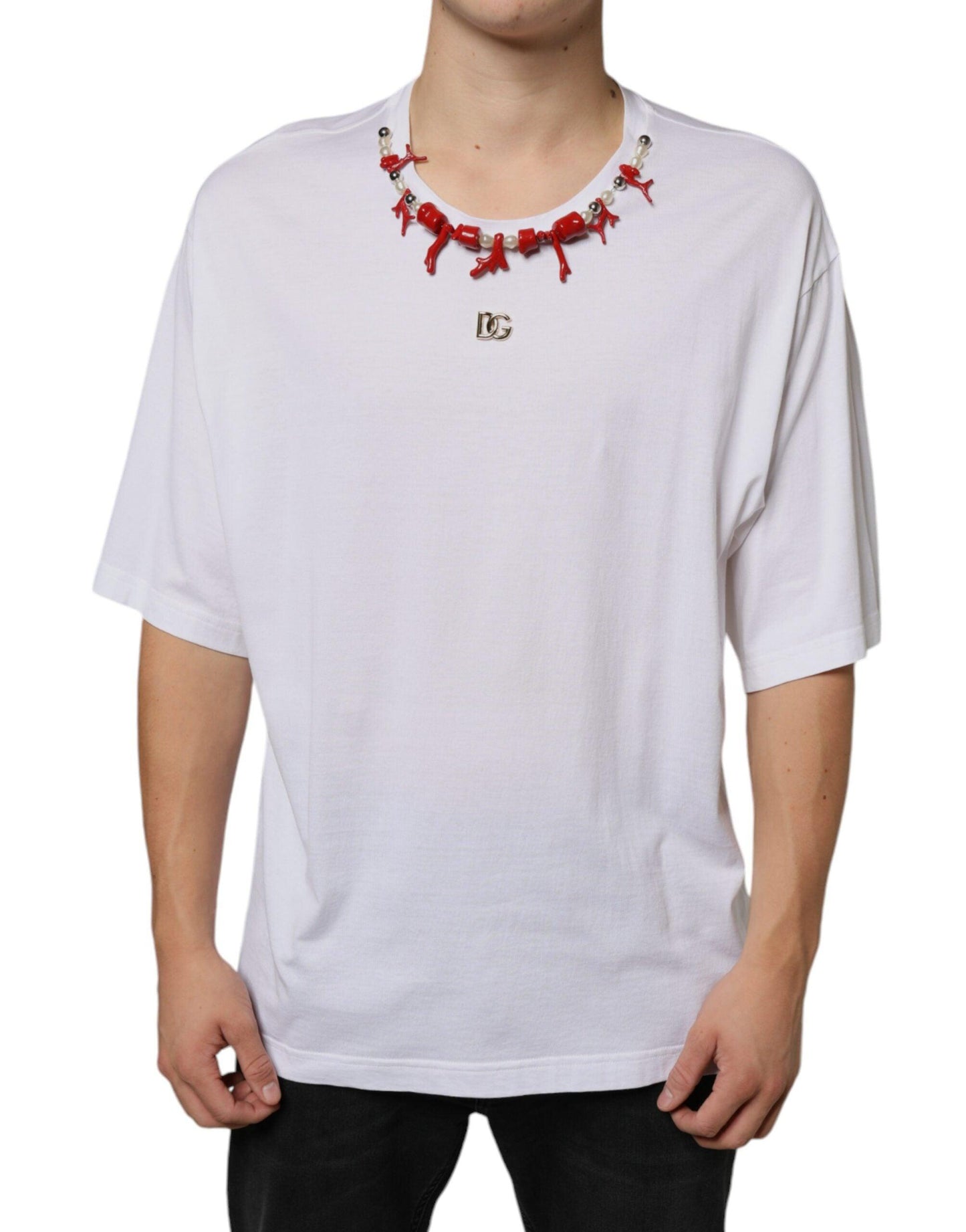 Dolce & Gabbana White Cotton Necklace Embellished T-shirt - Arichezz.store