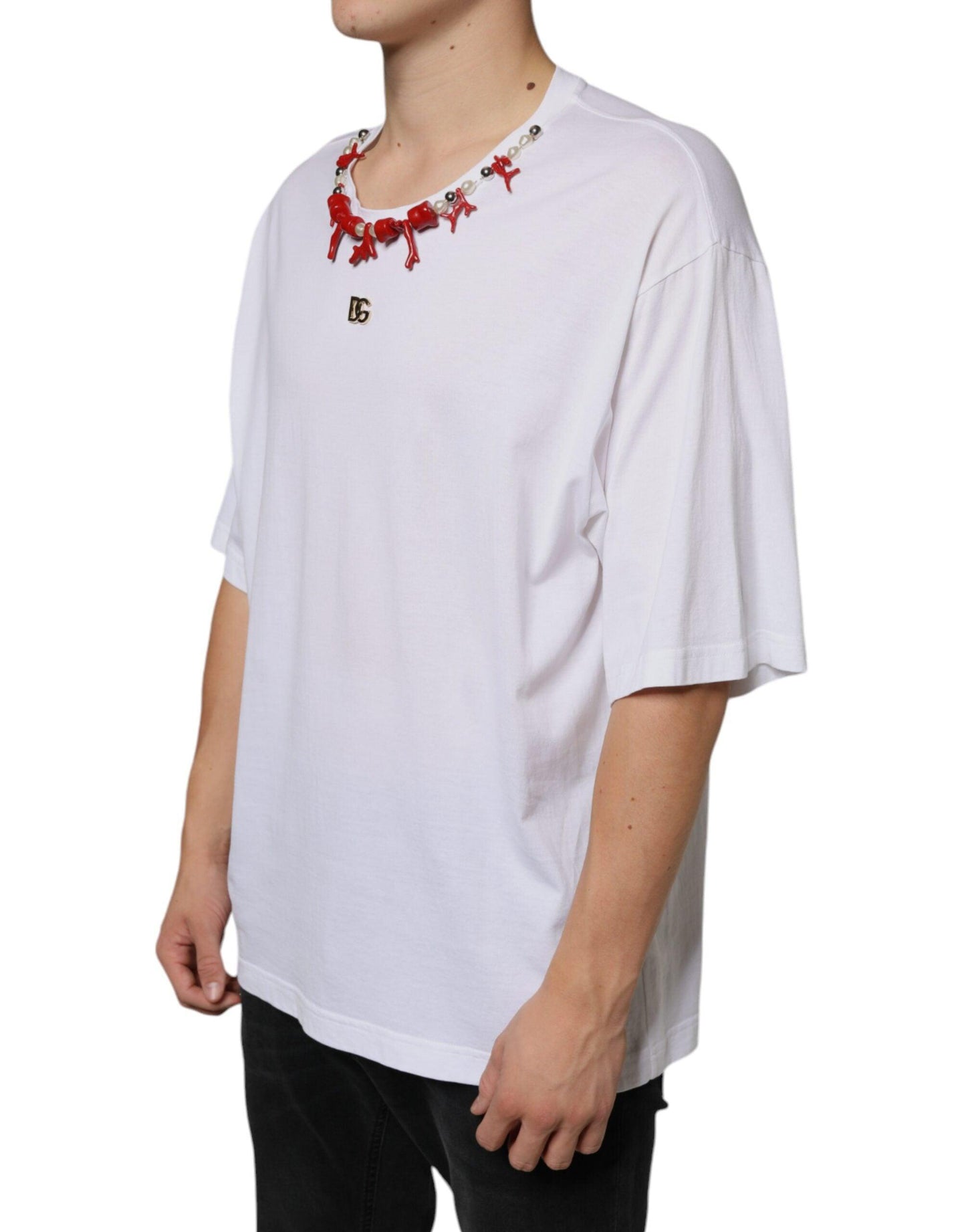 Dolce & Gabbana White Cotton Necklace Embellished T-shirt - Arichezz.store