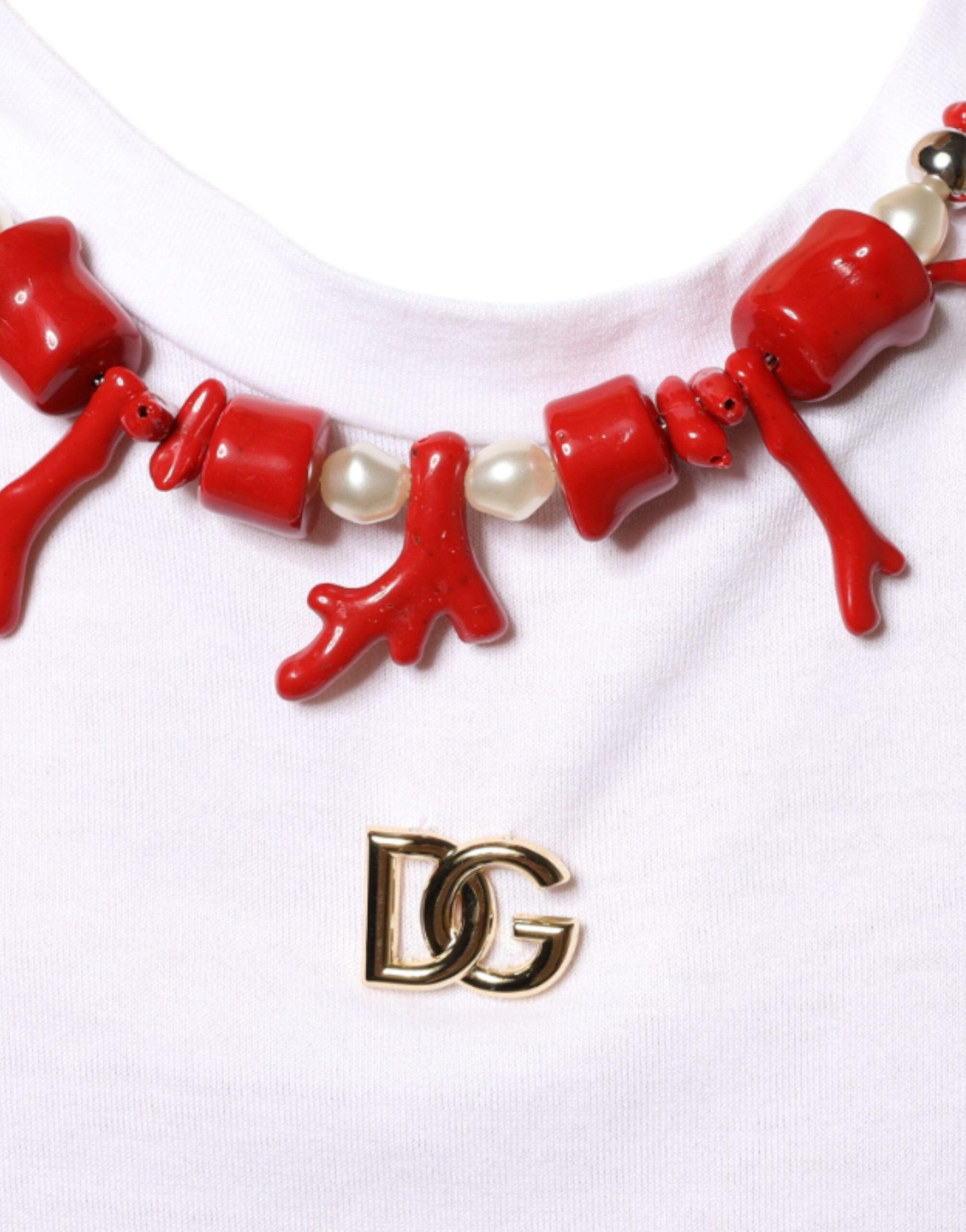 Dolce & Gabbana White Cotton Necklace Embellished T-shirt - Arichezz.store