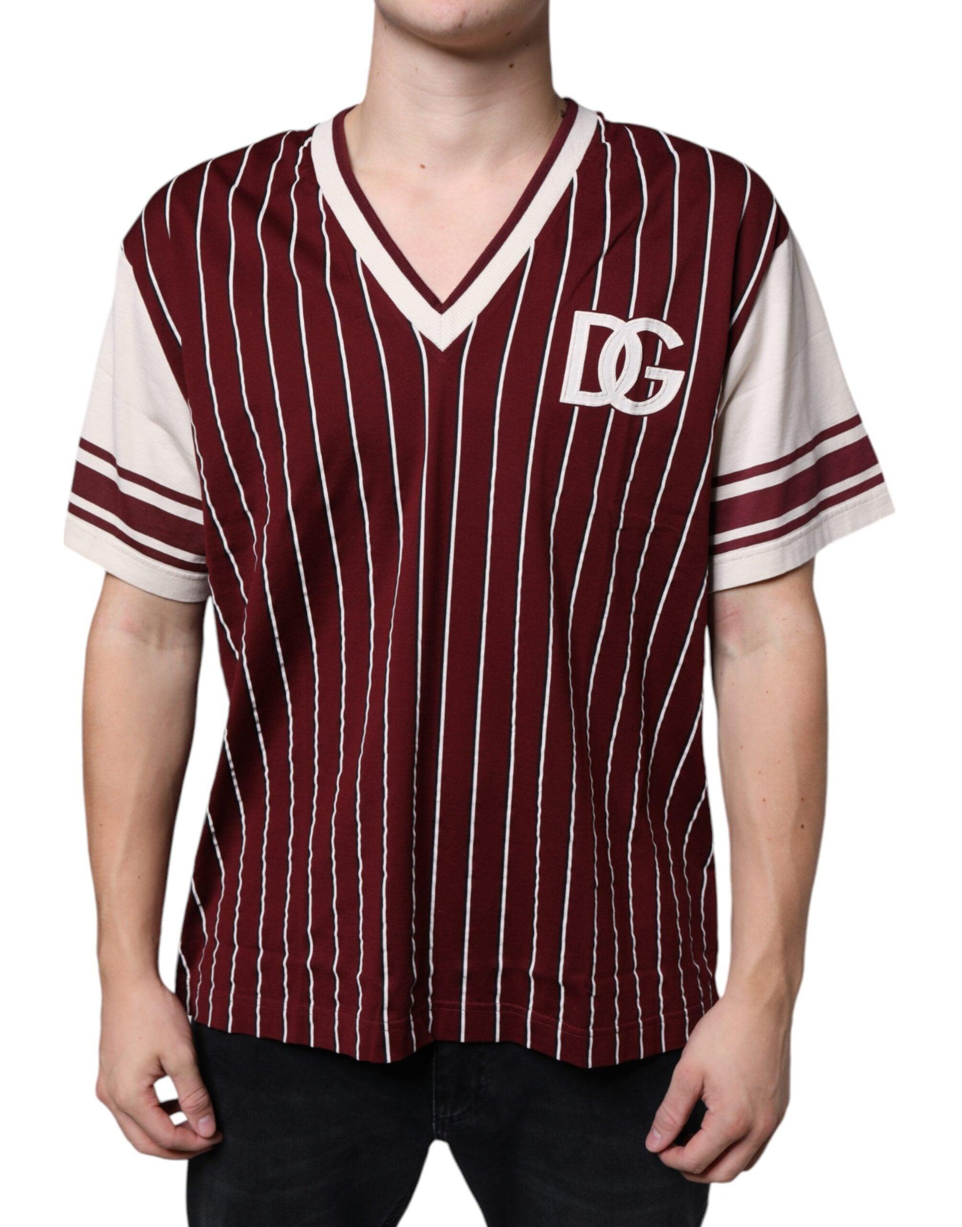 Dolce & Gabbana Maroon Stripes Cotton Logo V-neck T-shirt - Arichezz.store