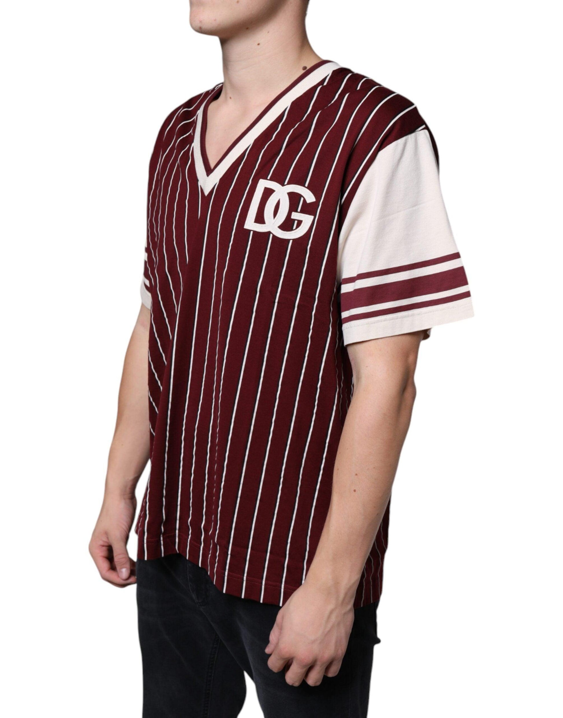 Dolce & Gabbana Maroon Stripes Cotton Logo V-neck T-shirt - Arichezz.store