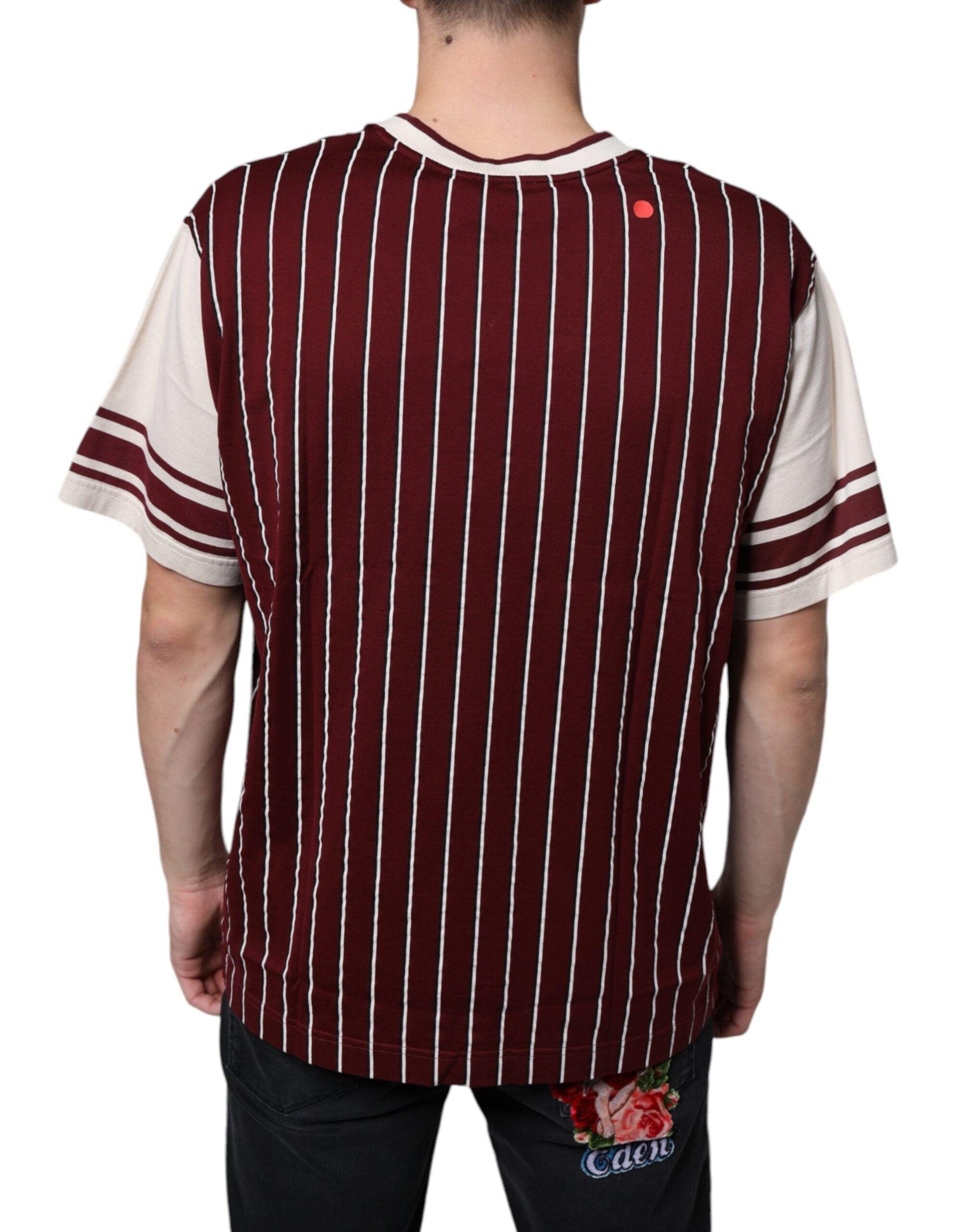 Dolce & Gabbana Maroon Stripes Cotton Logo V-neck T-shirt - Arichezz.store