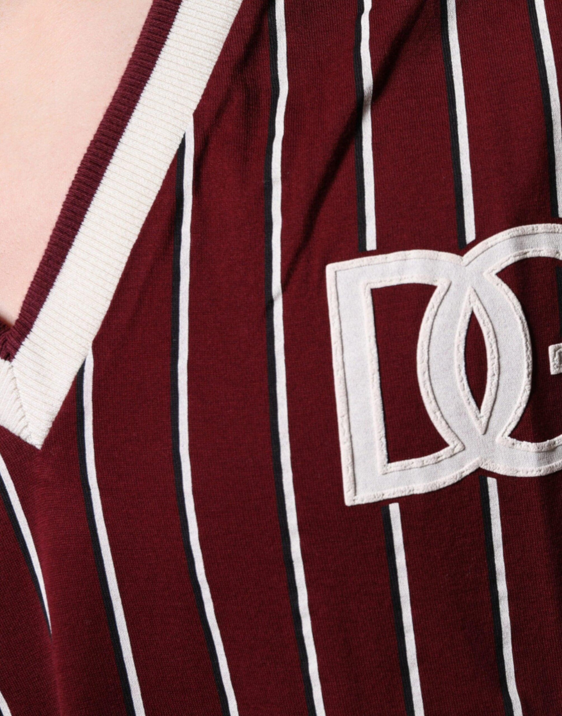 Dolce & Gabbana Maroon Stripes Cotton Logo V-neck T-shirt - Arichezz.store