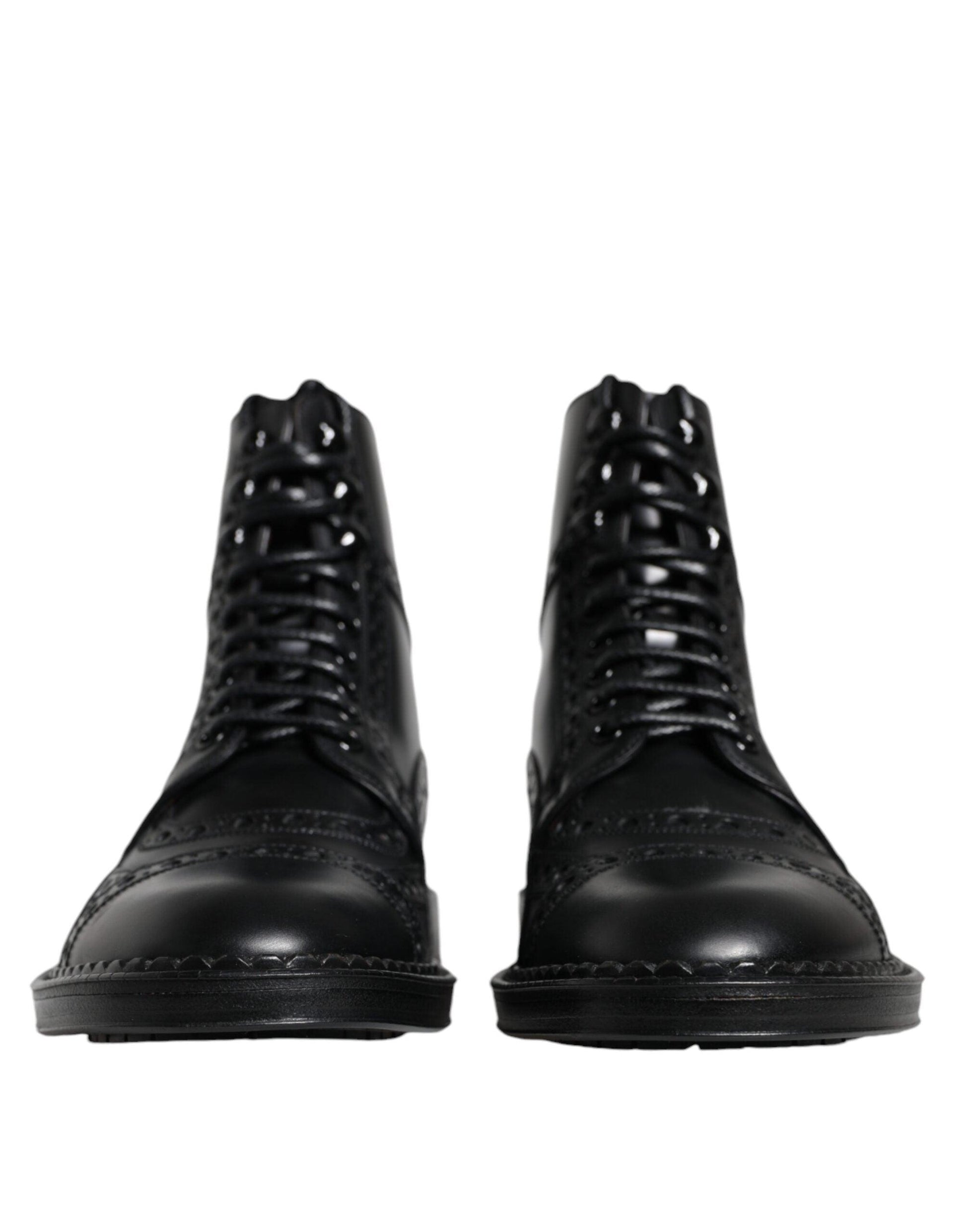 Dolce & Gabbana Black Leather Lace Up Mid Calf Boots Shoes - Arichezz.store