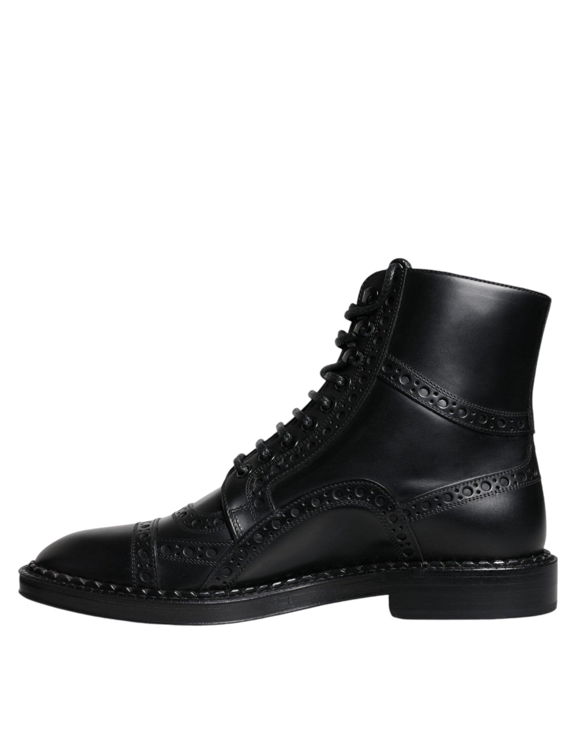 Dolce & Gabbana Black Leather Lace Up Mid Calf Boots Shoes - Arichezz.store