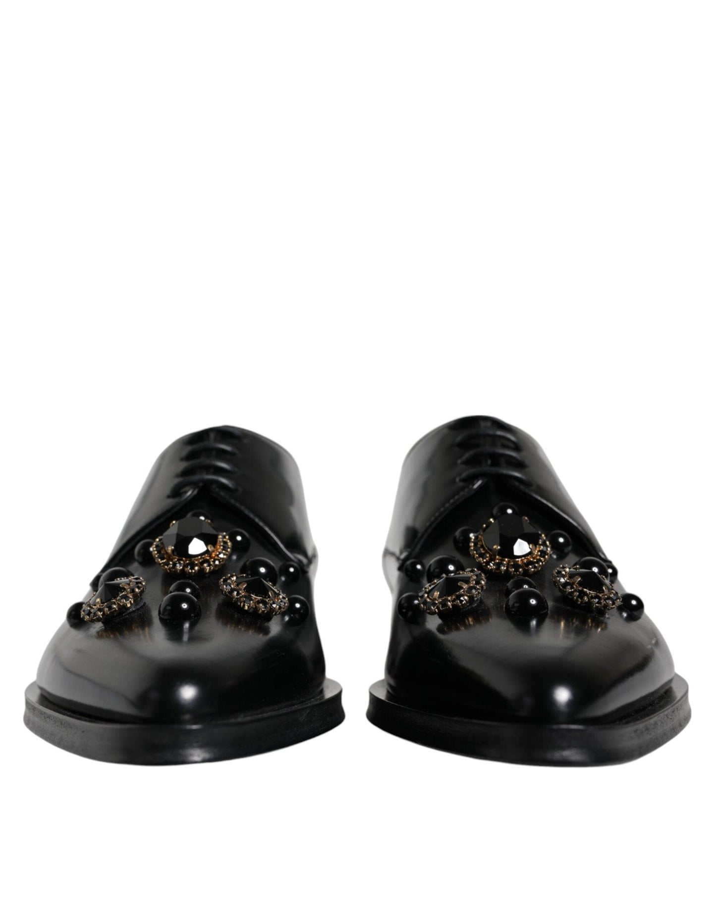 Dolce & Gabbana Black Leather Crystal Lace Up Formal Shoes - Arichezz.store