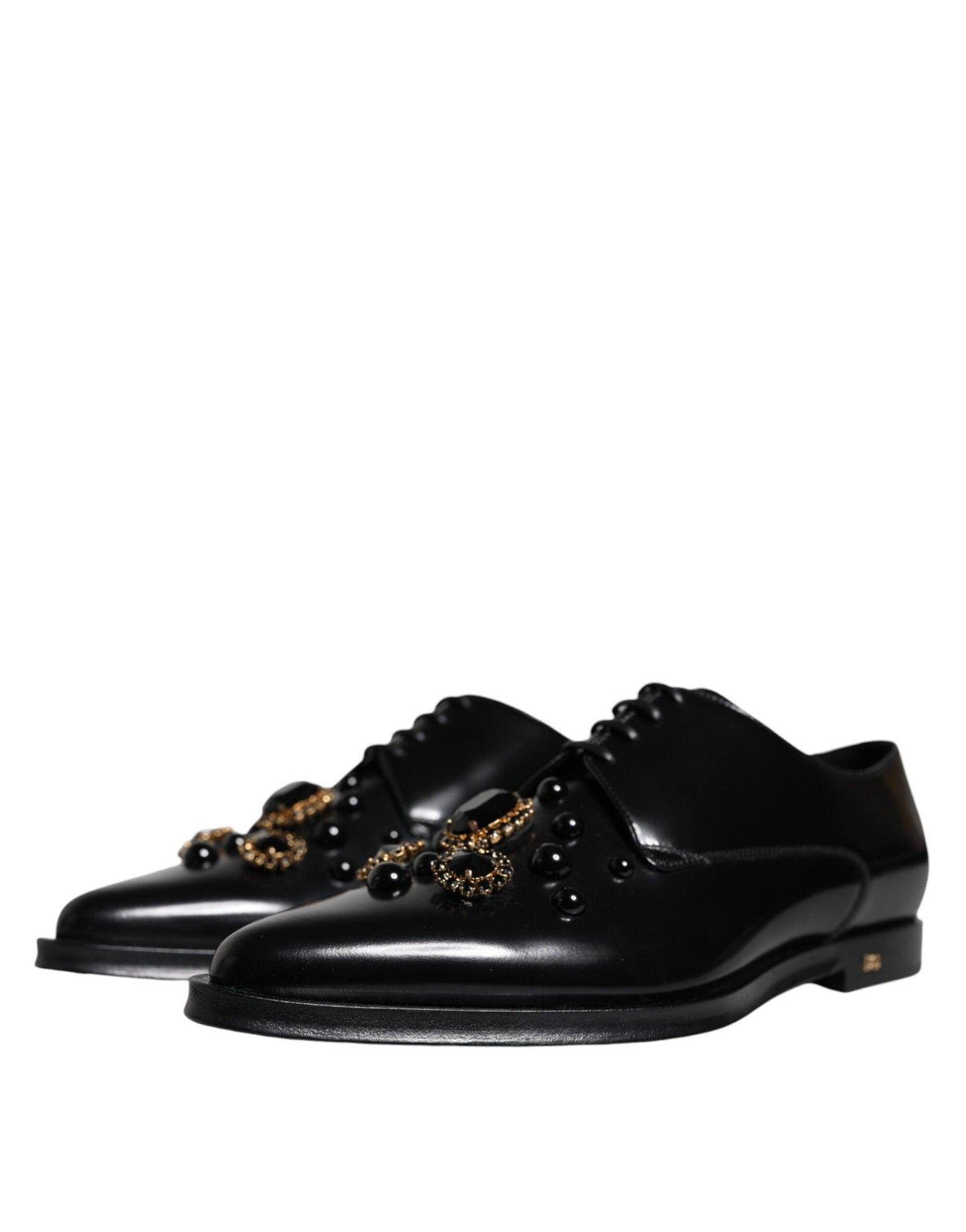 Dolce & Gabbana Black Leather Crystal Lace Up Formal Shoes - Arichezz.store