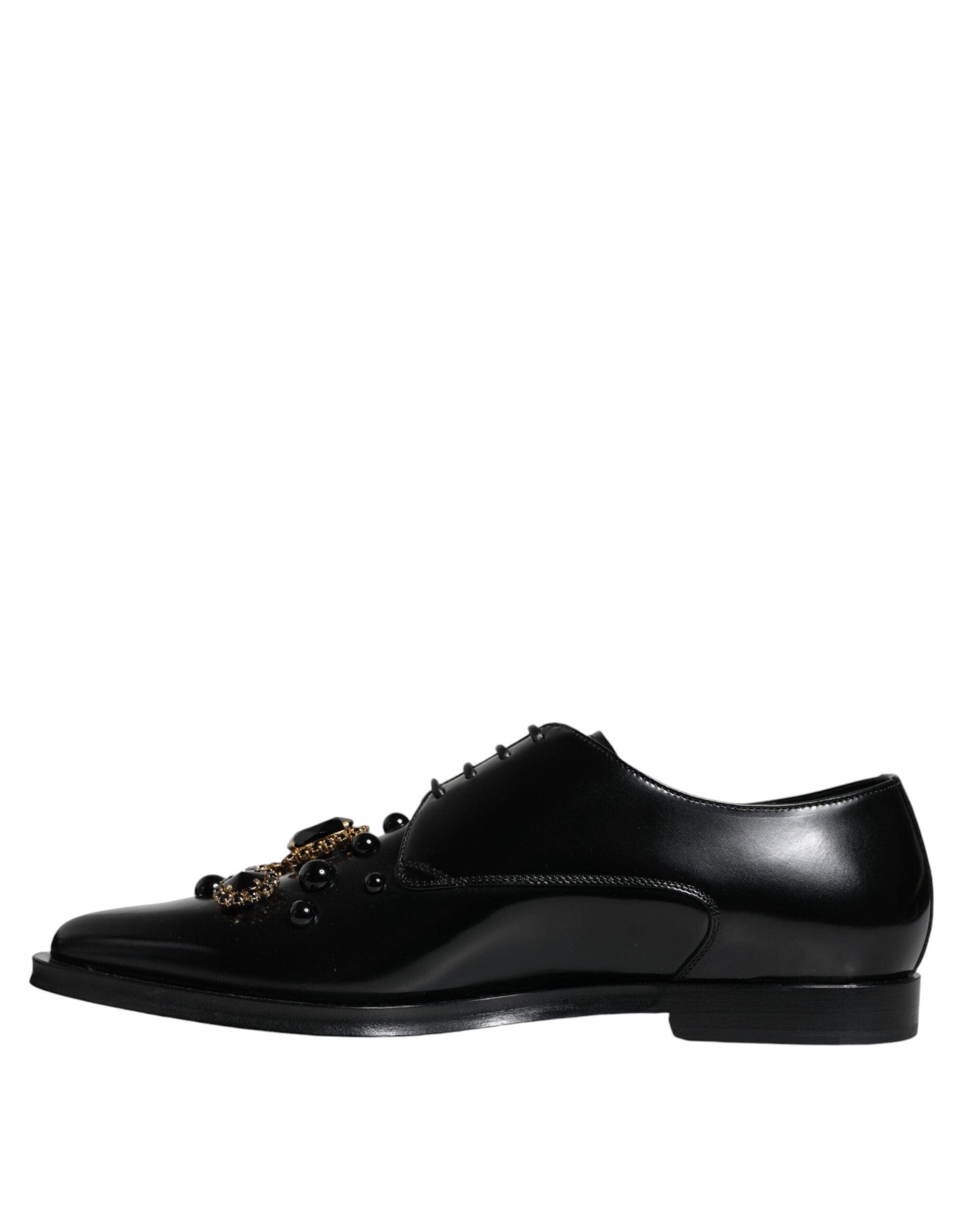 Dolce & Gabbana Black Leather Crystal Lace Up Formal Shoes - Arichezz.store