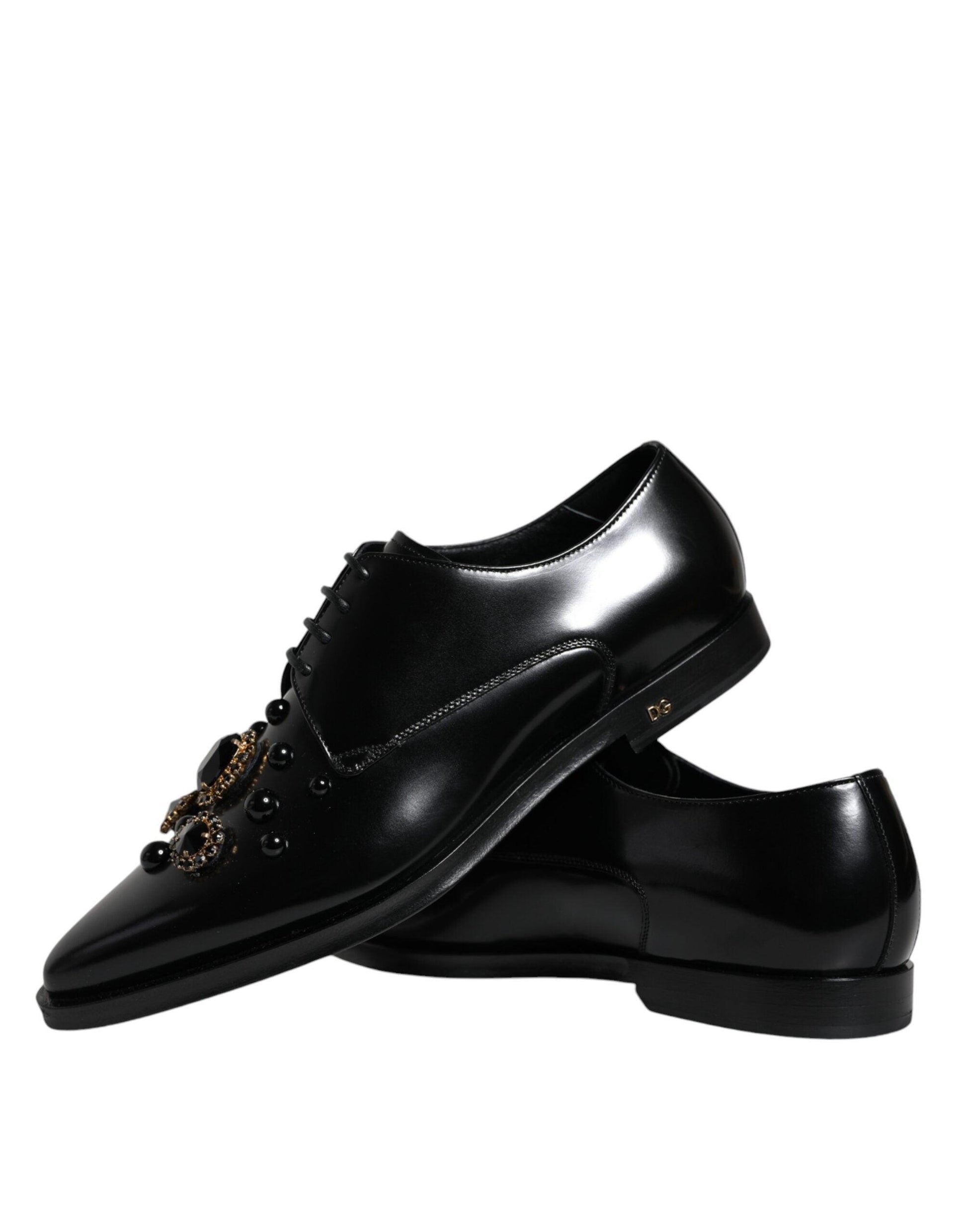 Dolce & Gabbana Black Leather Crystal Lace Up Formal Shoes - Arichezz.store