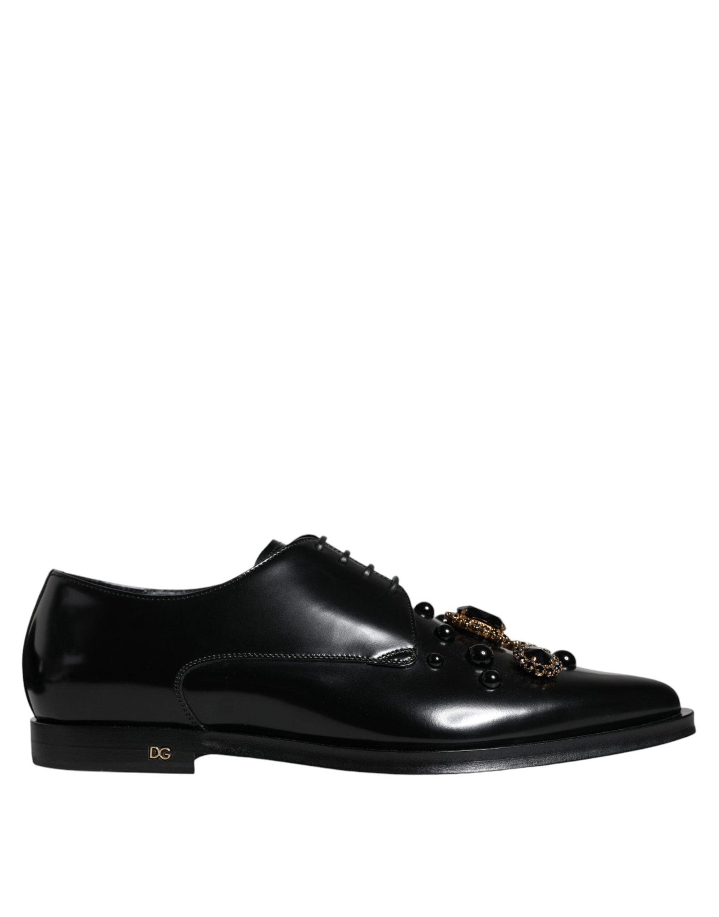 Dolce & Gabbana Black Leather Crystal Lace Up Formal Shoes - Arichezz.store