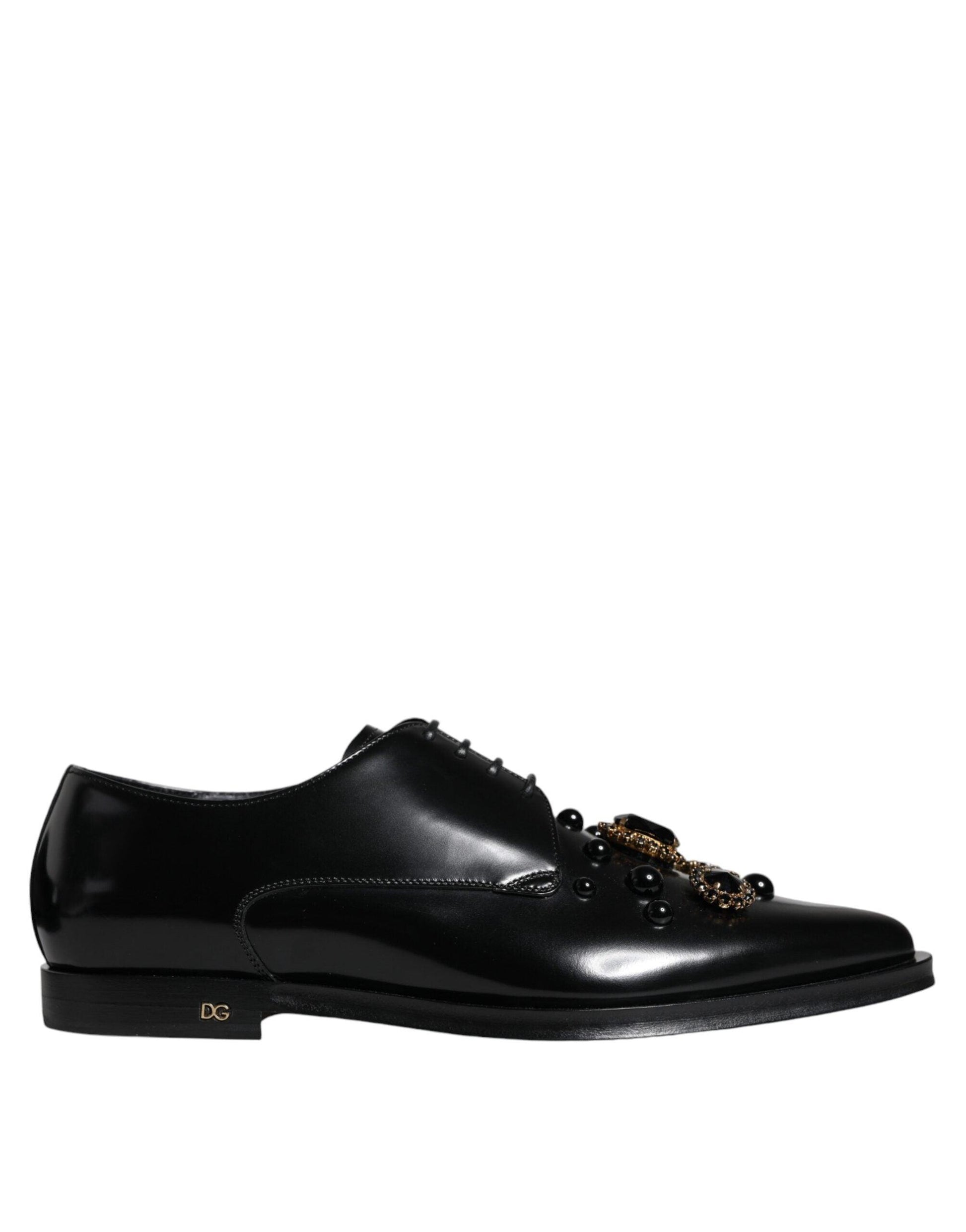 Dolce & Gabbana Black Leather Crystal Lace Up Formal Shoes - Arichezz.store