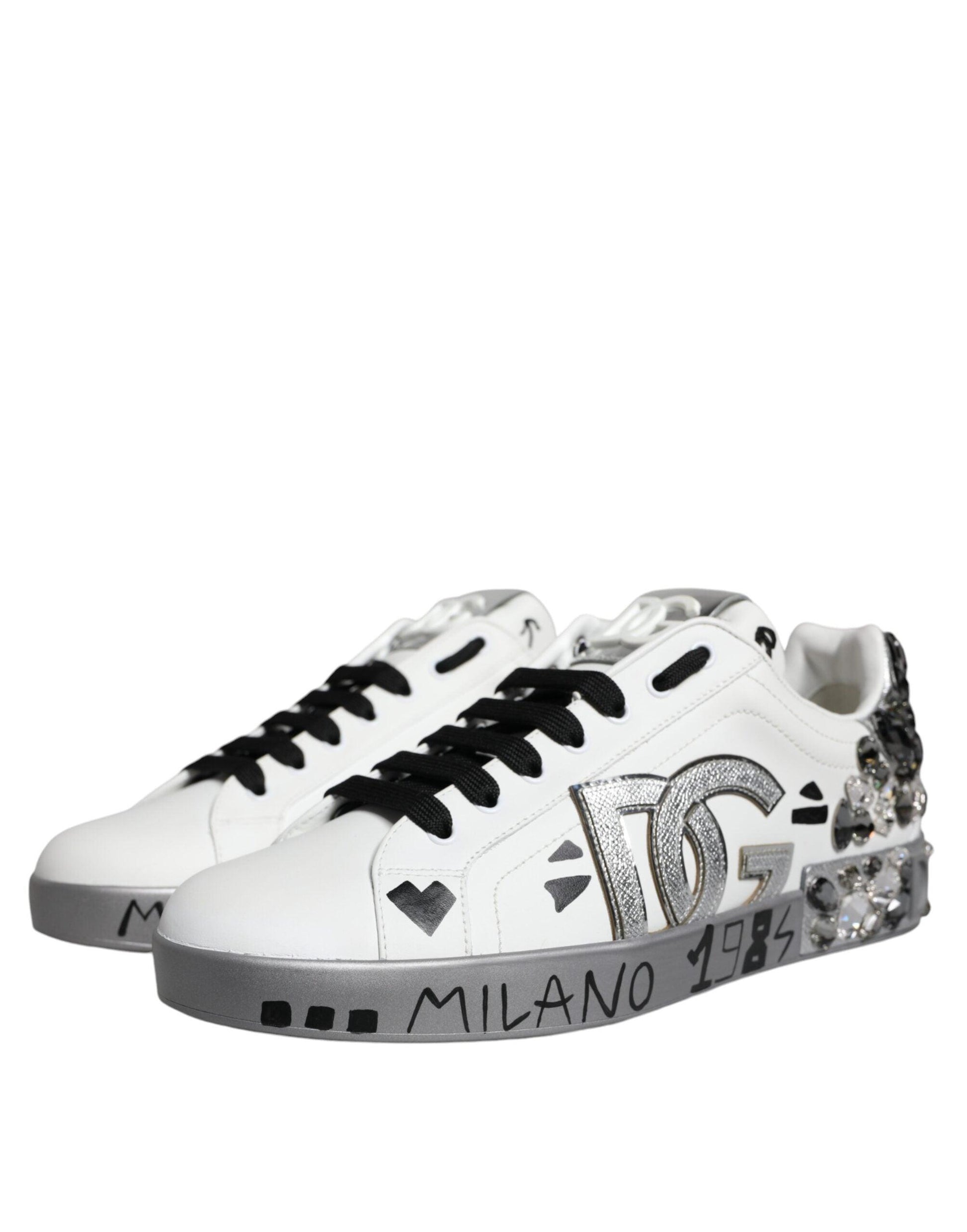 Dolce & Gabbana White Silver Crystal Logo Portofino Sneakers Shoes - Arichezz.store