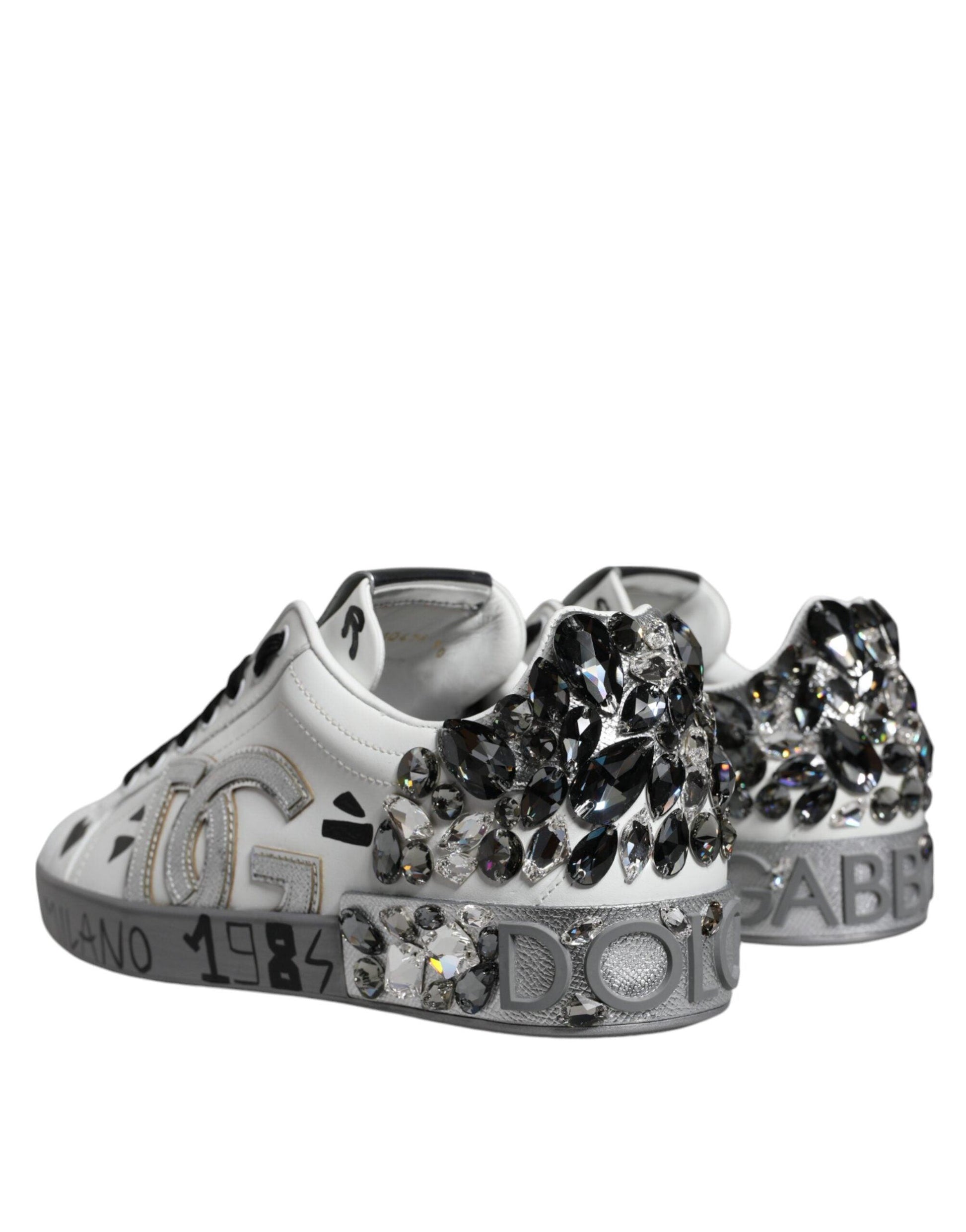 Dolce & Gabbana White Silver Crystal Logo Portofino Sneakers Shoes - Arichezz.store