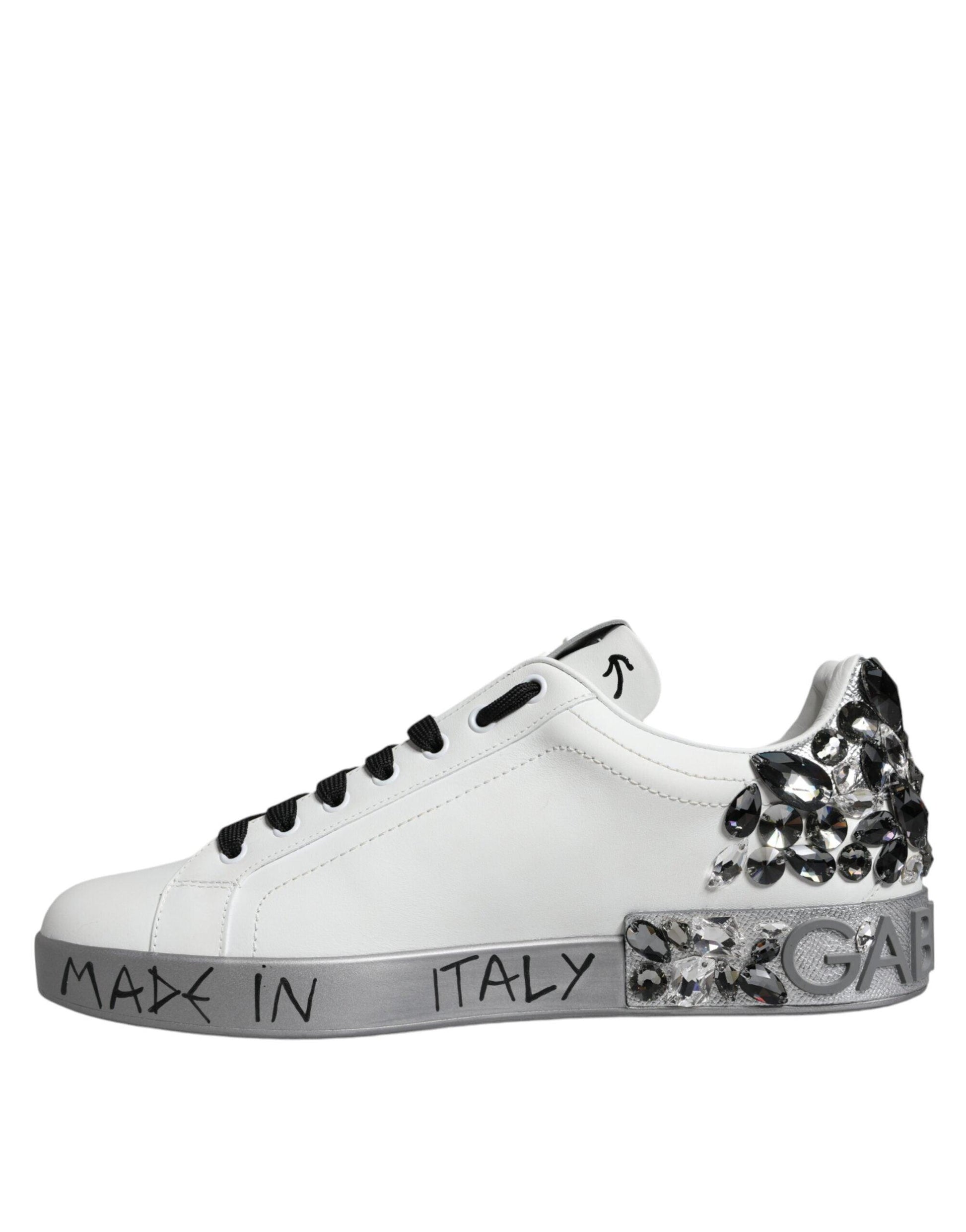 Dolce & Gabbana White Silver Crystal Logo Portofino Sneakers Shoes - Arichezz.store