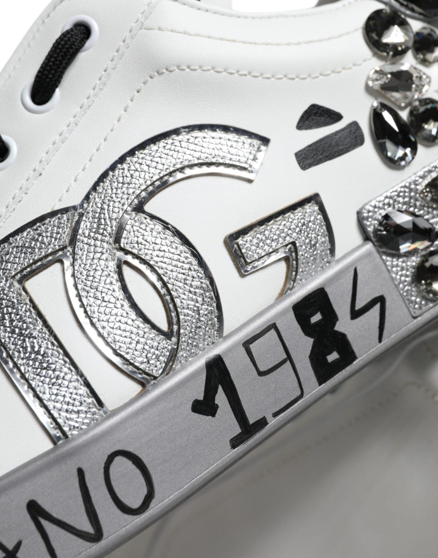 Dolce & Gabbana White Silver Crystal Logo Portofino Sneakers Shoes - Arichezz.store