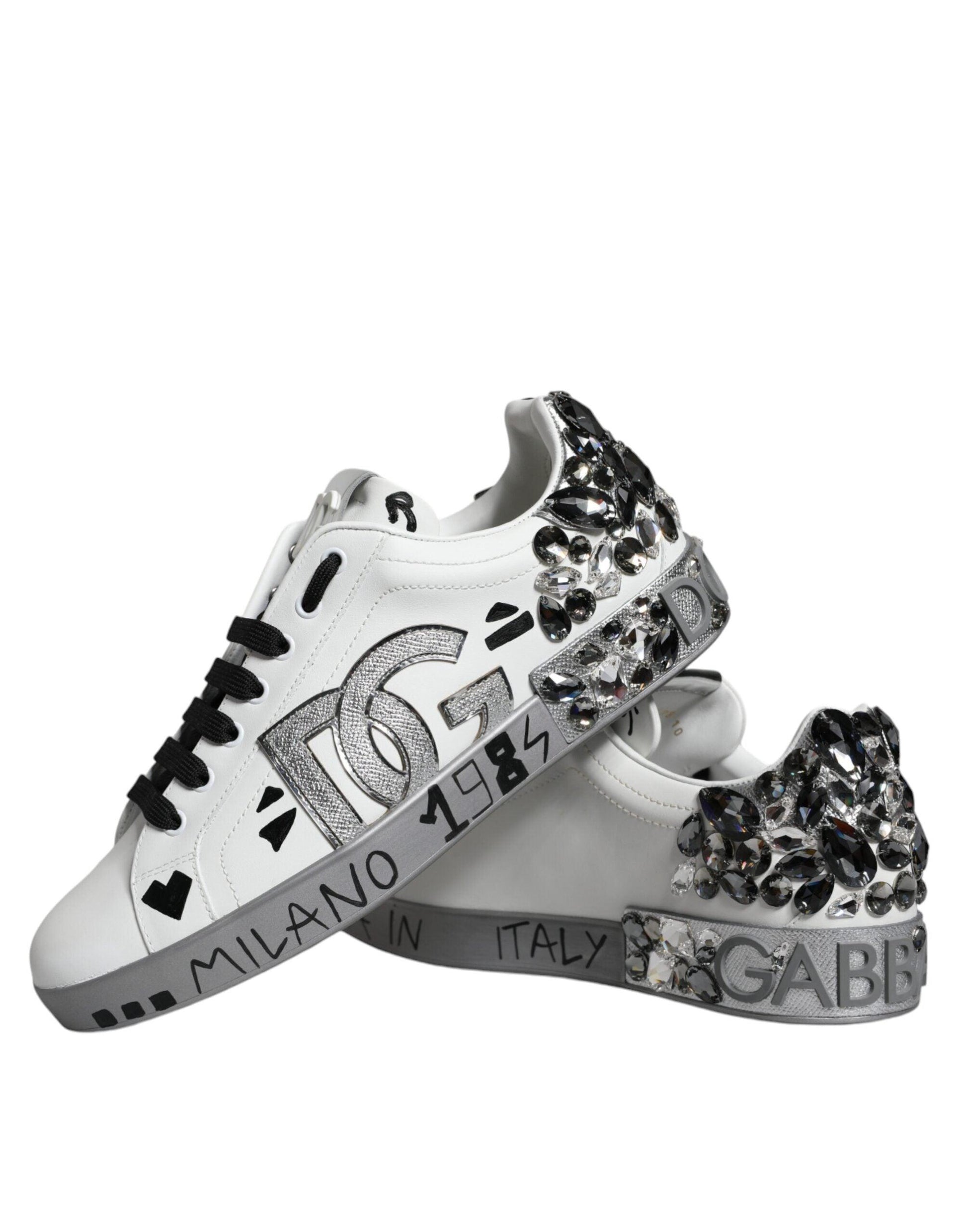 Dolce & Gabbana White Silver Crystal Logo Portofino Sneakers Shoes - Arichezz.store