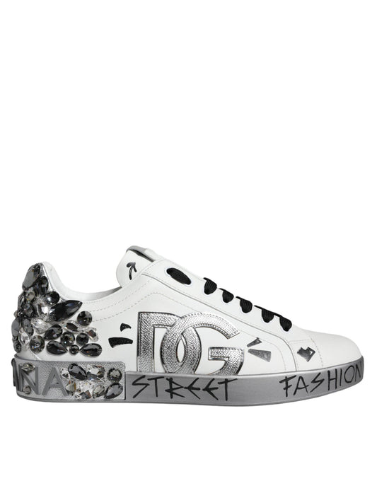 Dolce & Gabbana White Silver Crystal Logo Portofino Sneakers Shoes - Arichezz.store