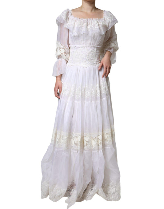 Dolce & Gabbana White Floral Lace Corset Cotton Maxi Dress - Arichezz.store