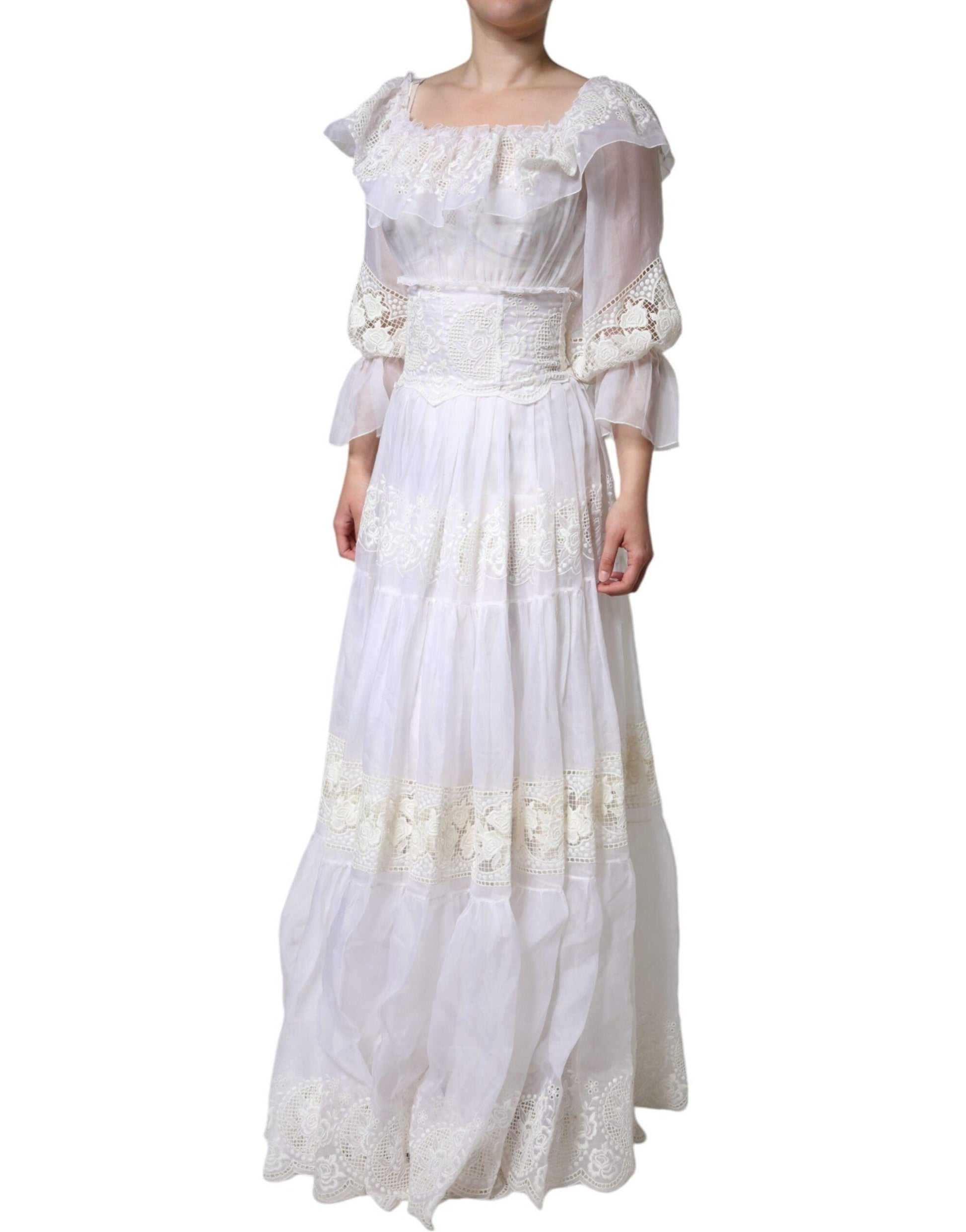 Dolce & Gabbana White Floral Lace Corset Cotton Maxi Dress - Arichezz.store