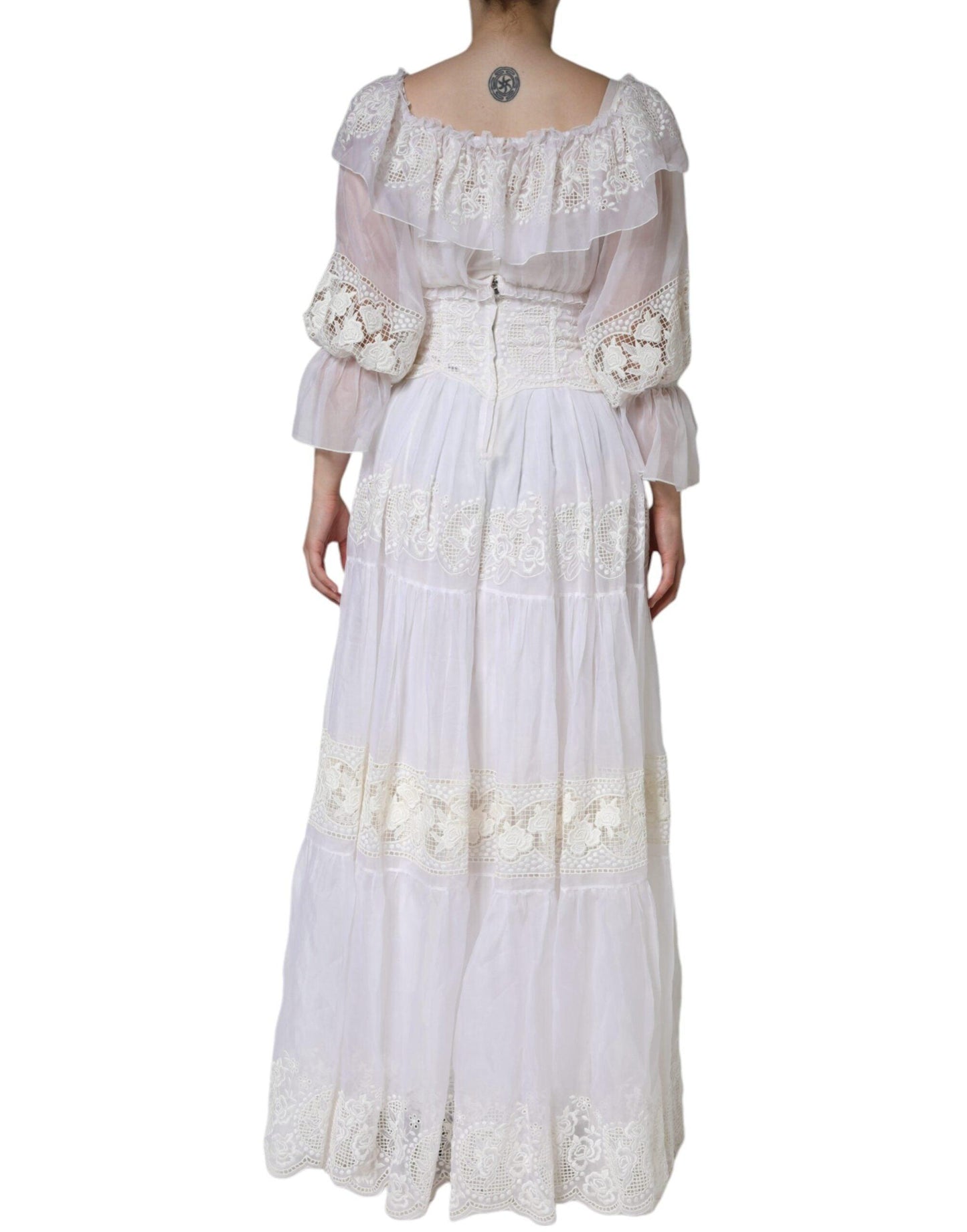 Dolce & Gabbana White Floral Lace Corset Cotton Maxi Dress - Arichezz.store