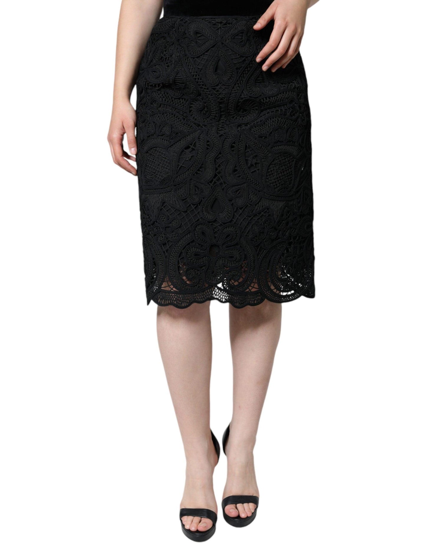 Dolce & Gabbana Black Floral Lace High Waist Pencil Cut Skirt - Arichezz.store