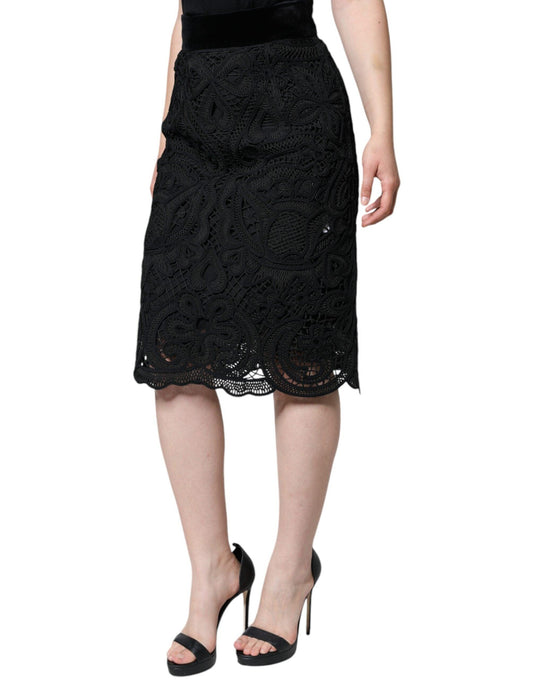 Dolce & Gabbana Black Floral Lace High Waist Pencil Cut Skirt - Arichezz.store