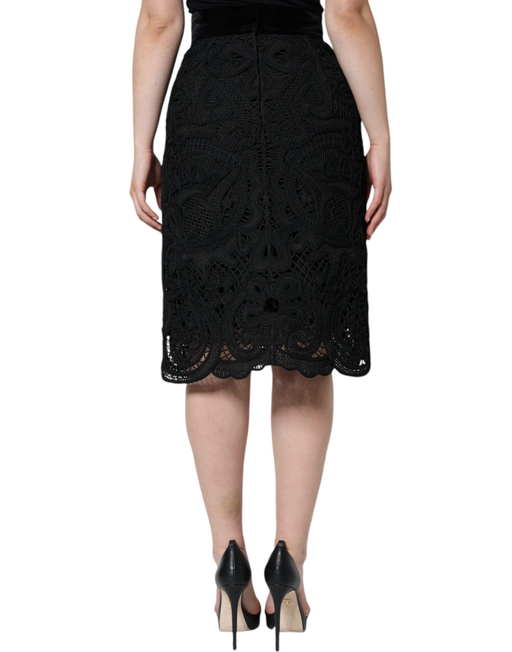 Dolce & Gabbana Black Floral Lace High Waist Pencil Cut Skirt - Arichezz.store