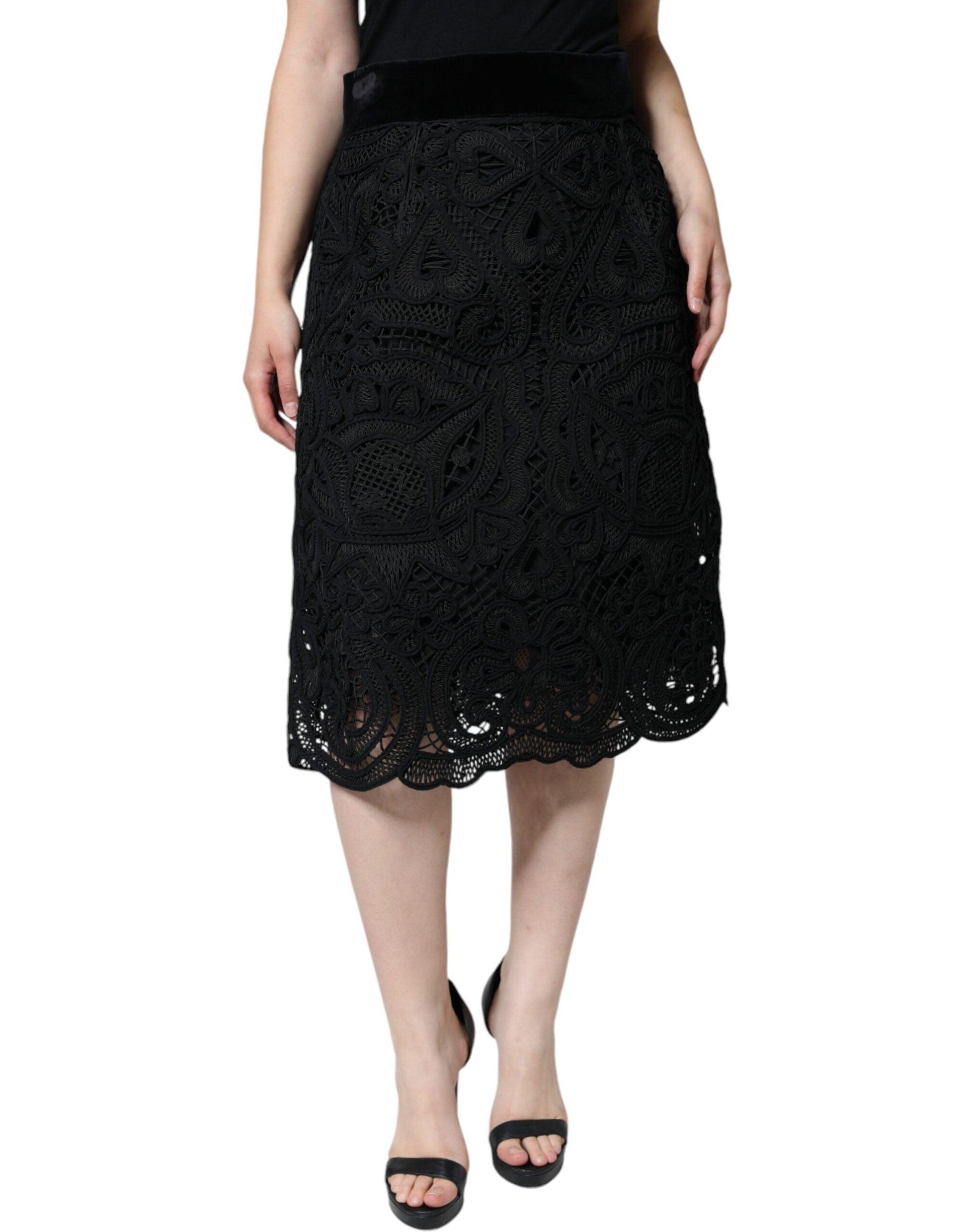 Dolce & Gabbana Black Floral Lace High Waist Pencil Cut Skirt - Arichezz.store